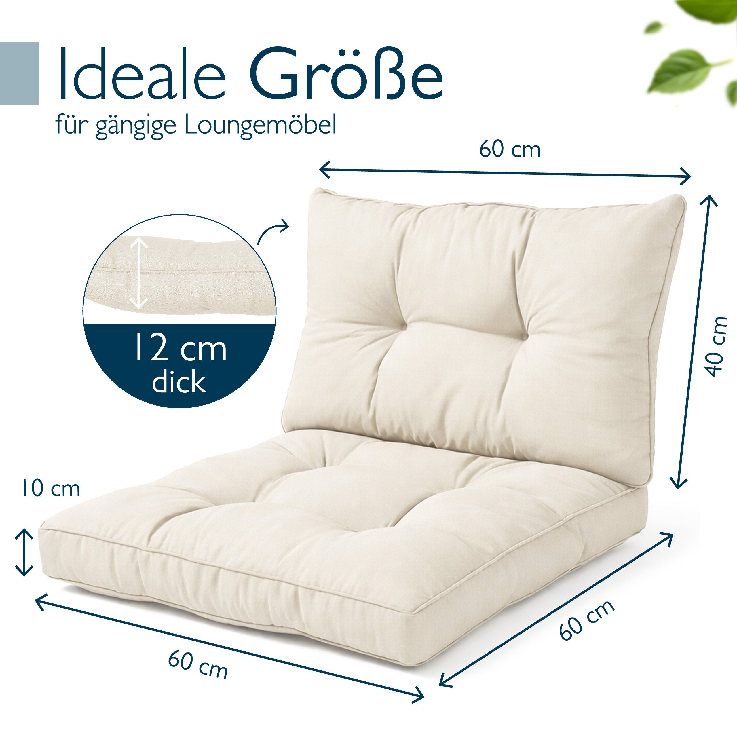 Beautissu Sitzkissen Lounge Kissen Set Outdoor Natur XLuna, 60x60cm, 60x40cm, Sitzkissen Gartenstuhl 10 cm dick Sitzpolster Auflagen für Gartenmöbel