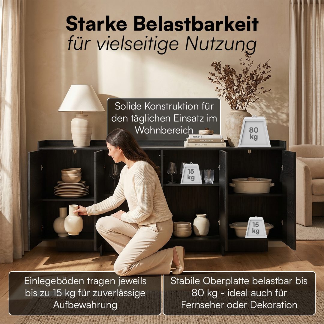 skølm Kommode Meili in Holzoptik mit 4 Push-to-Open Türen, Siedeboard mit 8 Fächern & höhenverstellbaren Füßen – Bild 4 von 5