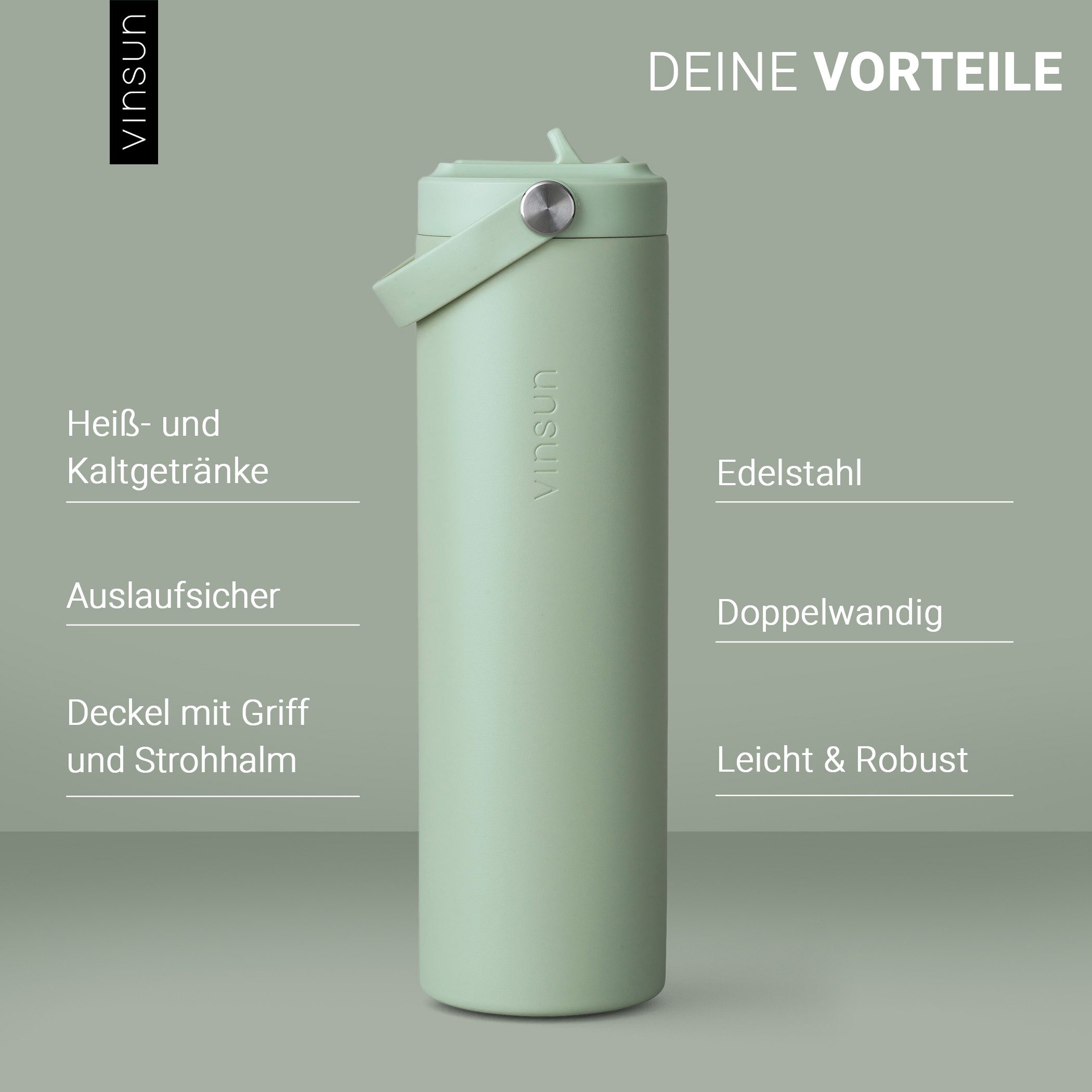 Vinsun Isolierflasche Thermoflasche 750ml mit Strohhalm - Sport Trinkflasche mit Tragegriff, Auslaufsicher, doppelwandig isoliert, geruchs- und geschmacksneutra – Bild 2 von 5