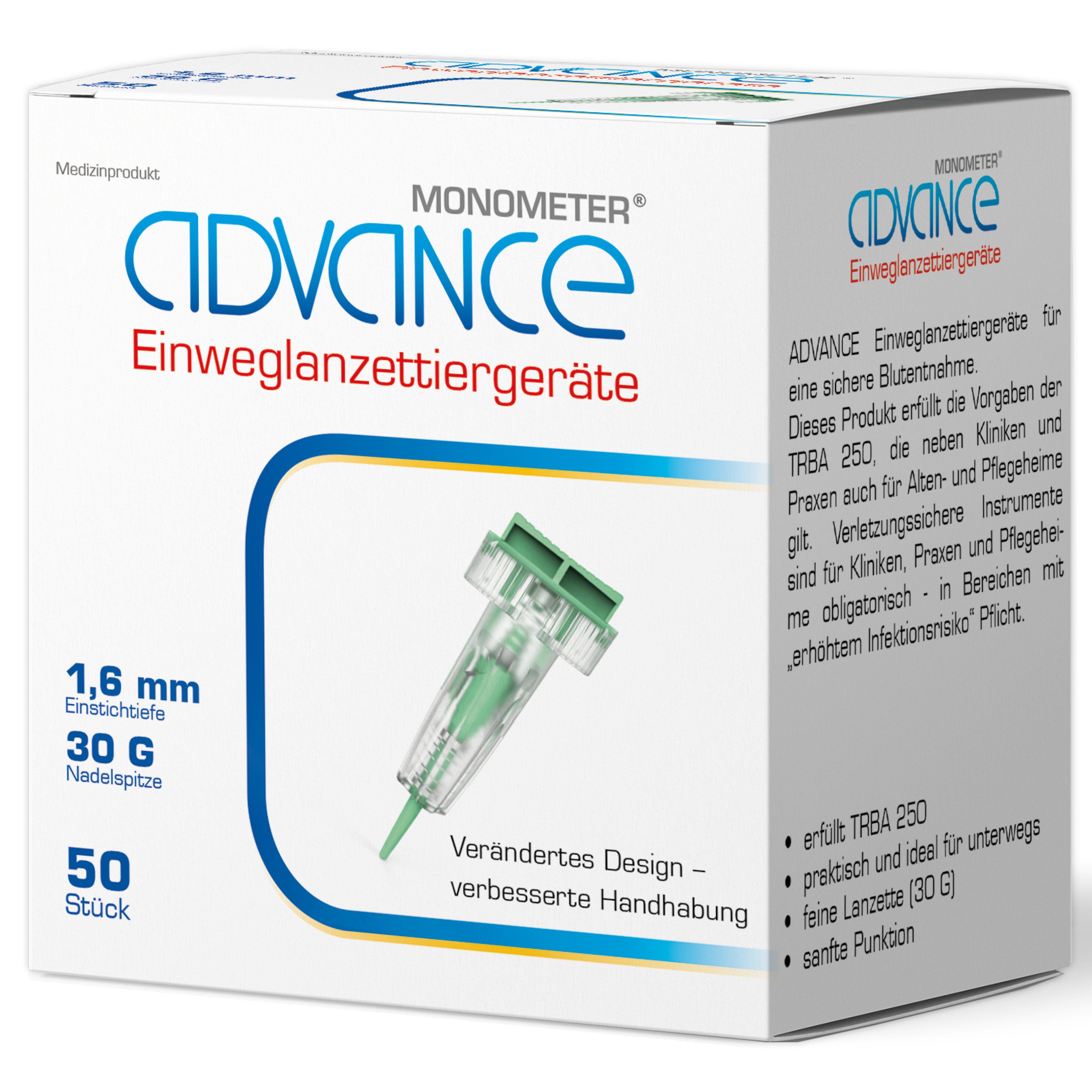 ADVANCE Lanzetten MONOMETER, 30,00G, 50 St., Sicherheits Lanzetten, 50 tlg., Ohne zusätzliche Stechhilfe einsetzbar