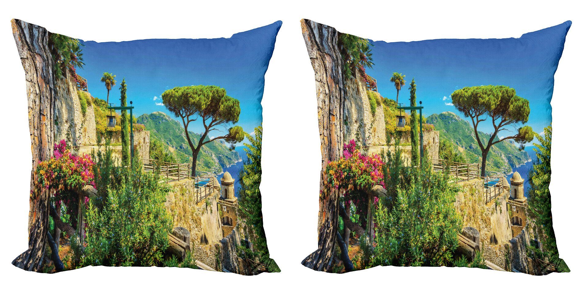 Kissenbezüge Modern Accent Doppelseitiger Digitaldruck, Abakuhaus (2 Stück), Landschaft Dorf Bäume Blüten