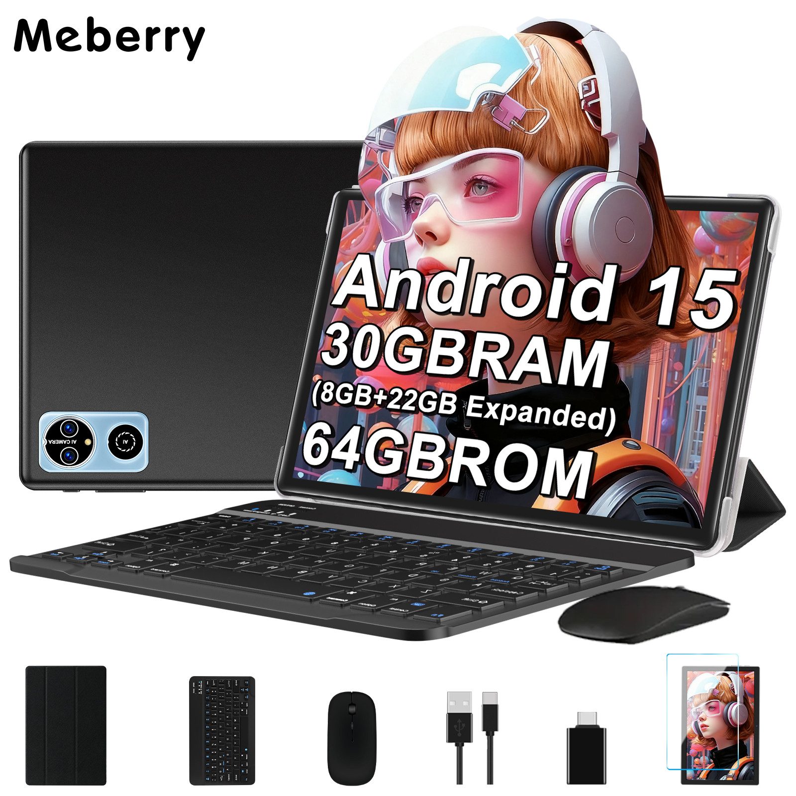 GOODTEL Meberry 30GB RAM 64GB Speicher, Android 15, WiFi, Widevine L1 Tablet (10.1", Android15, 6000 mAh Akku, mit mit Zubehör Tastatur, Maus)