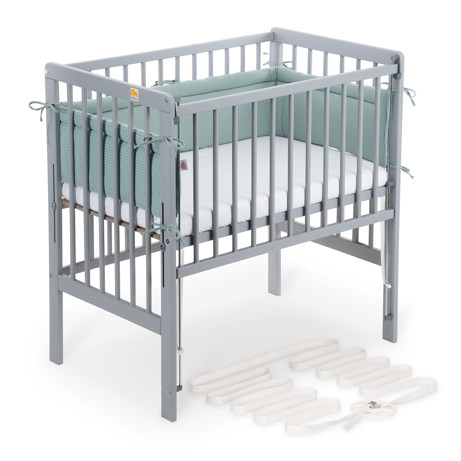 FabiMax Beistellbett Beistellbett Flex 90x55, TÜV geprüft, aus Buchenholz grau lackiert, stufenlos höhenverstellbar, passend für Boxspringbetten, 2 in 1