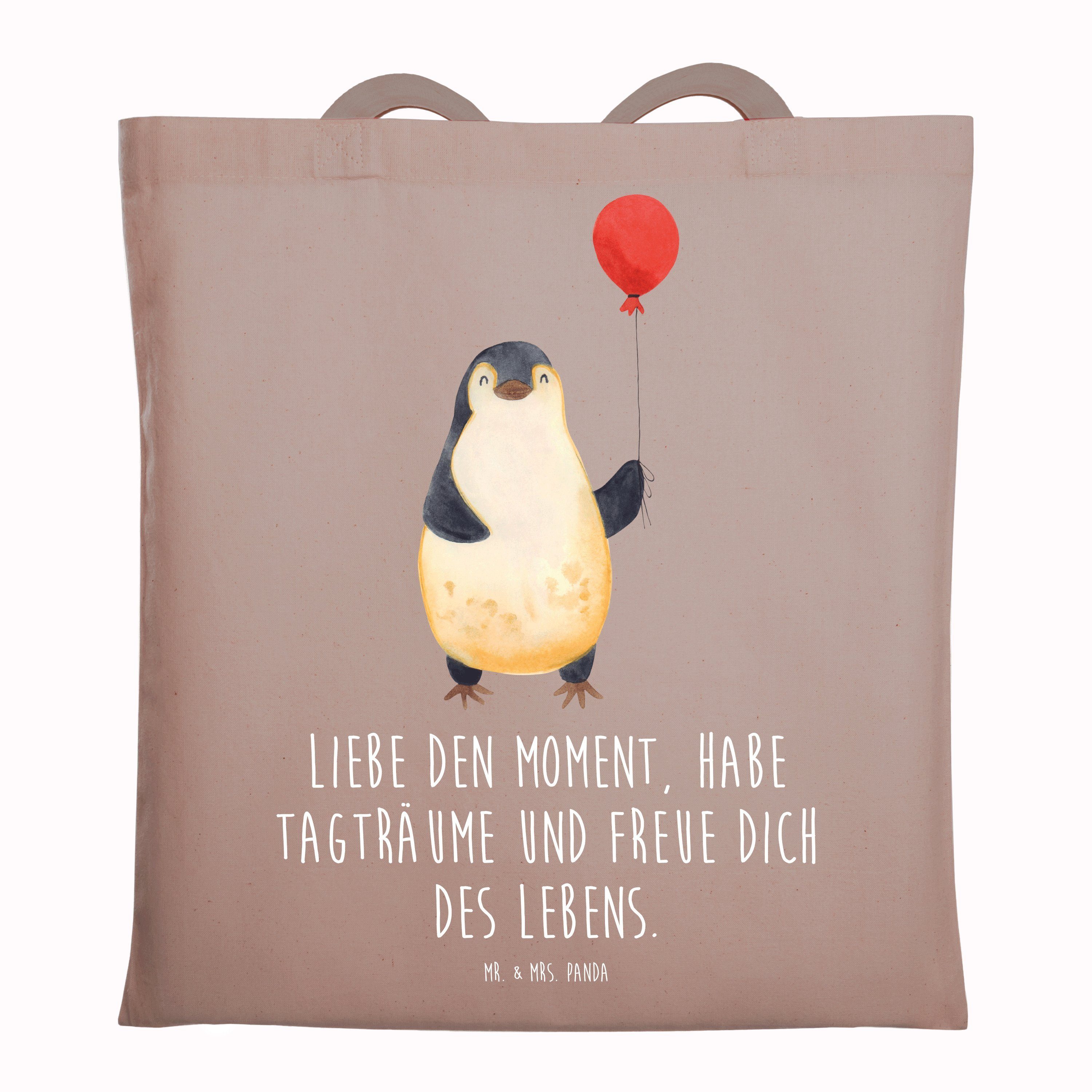 Mr. & Mrs. Panda Tragetasche Pinguin Luftballon - Braun Pastell - Geschenk,  Glück, Geschenk Freund (1-tlg), Farbecht