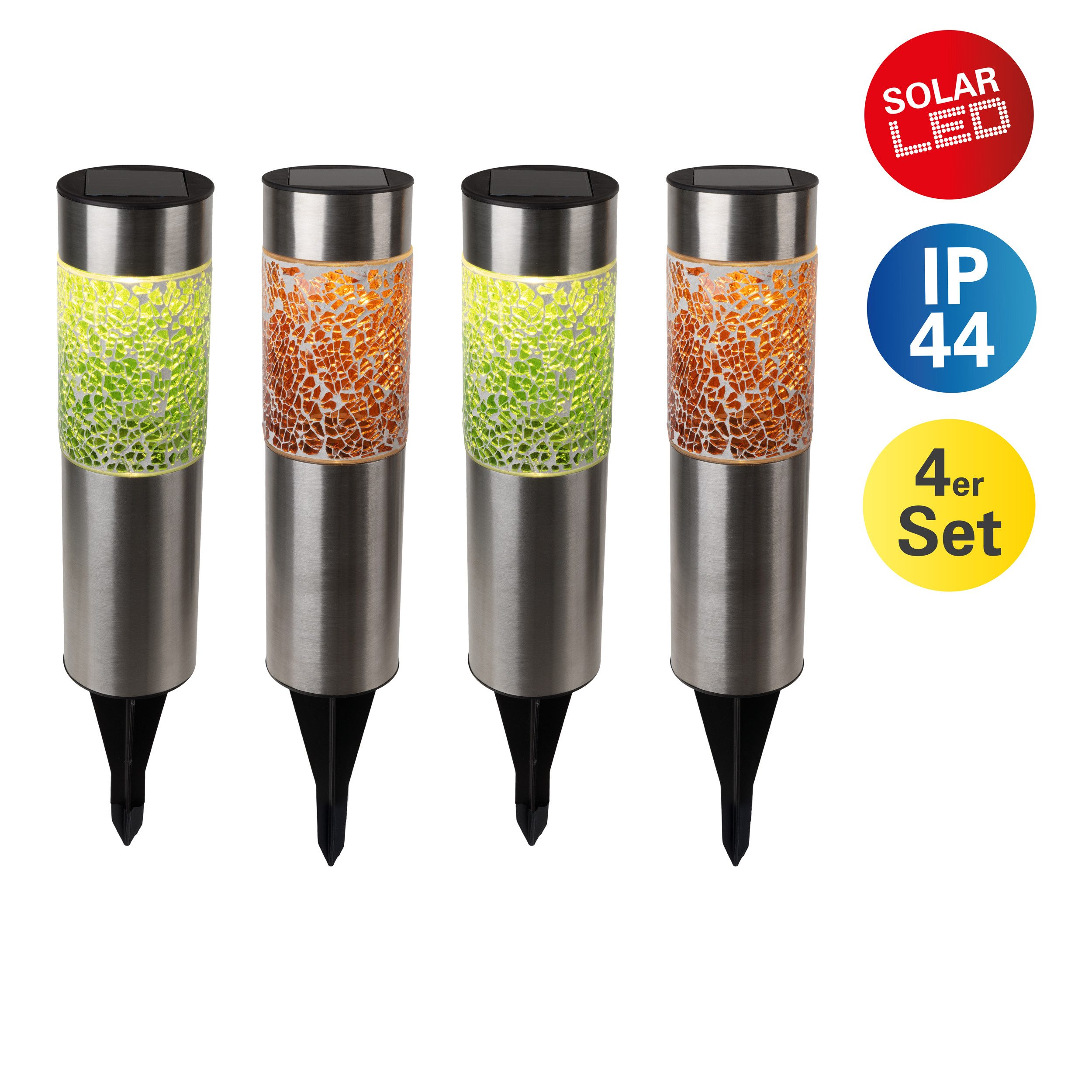 näve LED Solarleuchte Havanna, LED fest integriert, Warmweiß, 4er-Set Dekoerdspieß grau, Glaseinsatz 2x grün, 2x orange, H: 33,5 cm
