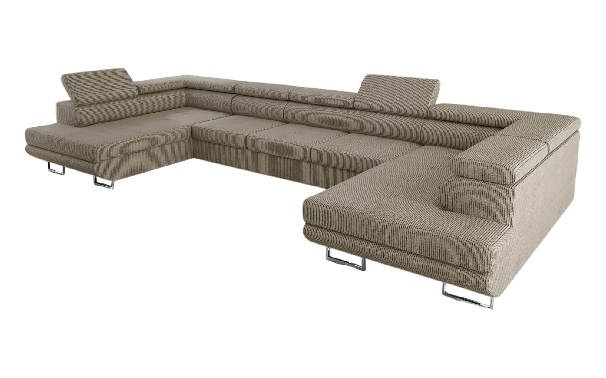 thematys Ecksofa Aston U 403 x 203cm mit Schlaffunktion & Bettkasten –, U-Sofa mit verstellbaren Kopfstützen, Samt (Monolotith), oder Cord (Poso), - U-Form, XL-Wohnlandschaft, 390 cm breit