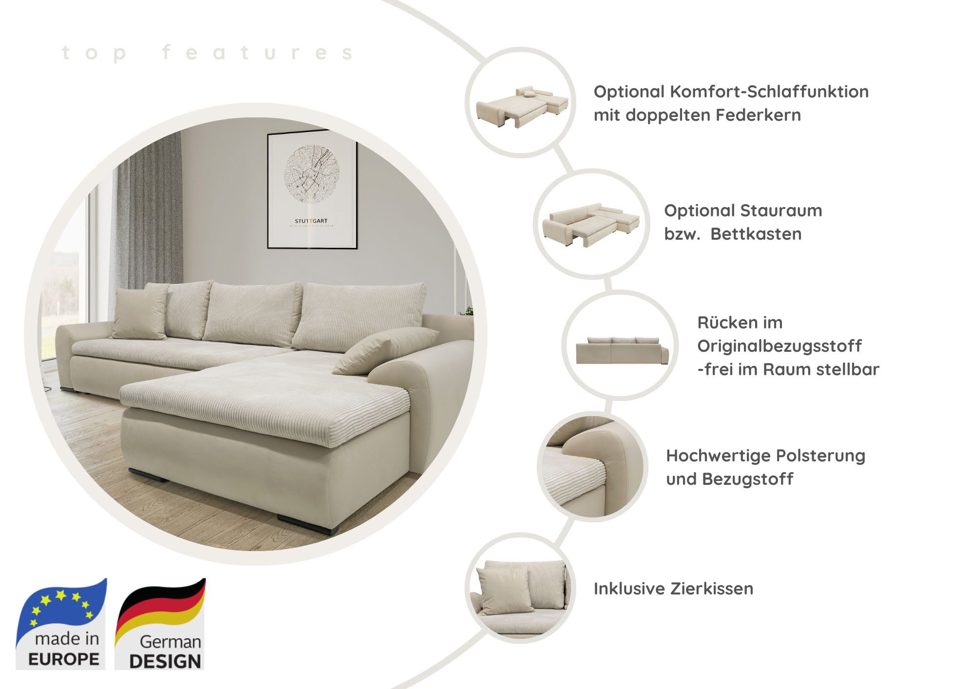 Home affaire Wohnlandschaft Win U-Form, B: 366 cm - OTTO. Verlässliche Qualität., Schlaffunktion, Bettkasten & 5 Zierkissen