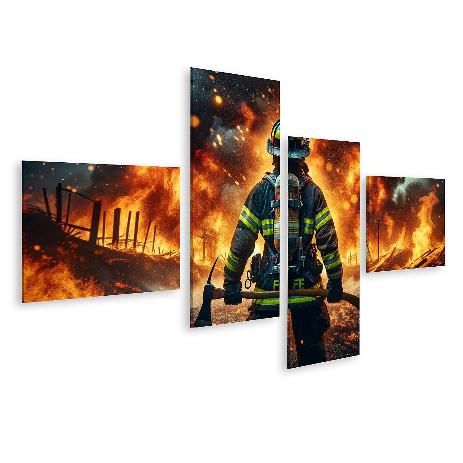 Leinwandbild Feuerwehrmann mit reflektierenden Streifen bekämpft Feuer