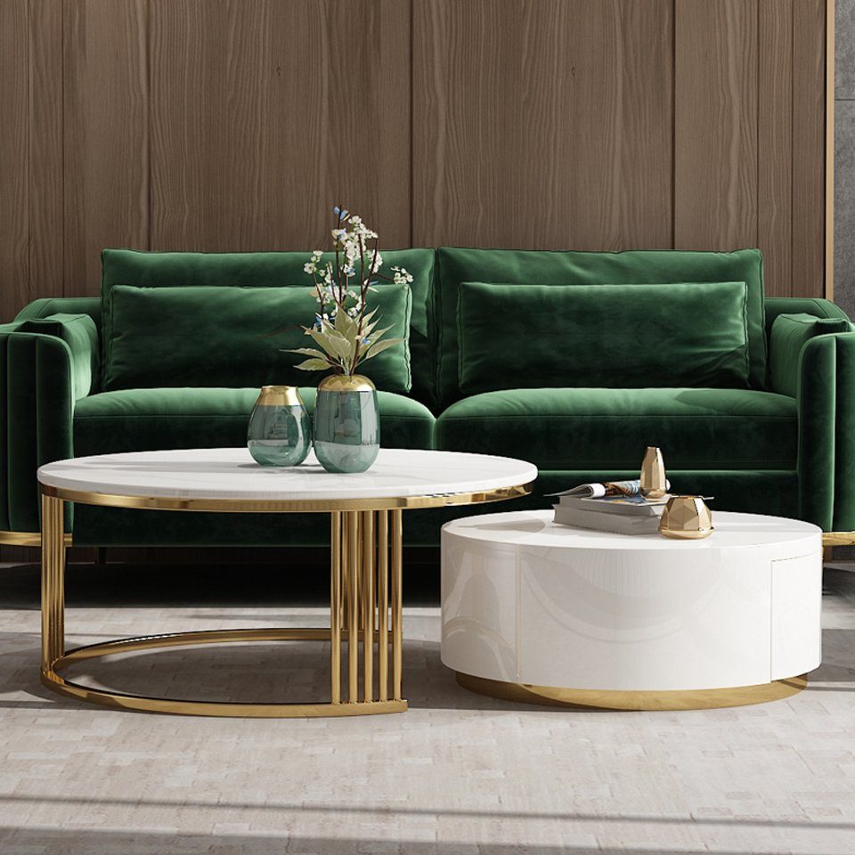 JVmoebel Couchtisch Beistell Couch Tisch Rund Tische Runde Sofa Metall Glas Designer Weiß | Couchtische