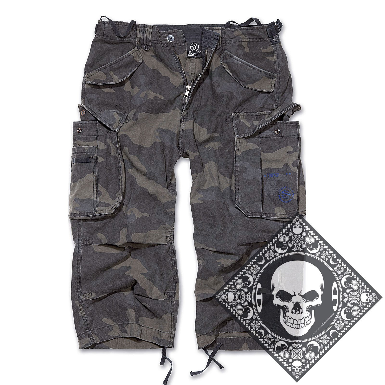 Brandit Cargoshorts Cargo Shorts kurze Hose Industry 3/4 lang mit UD Bandana (mit Urbandreamz Bandana) 3/4 lang, Unifarben, Camouflage, Bermuda, S-XXL