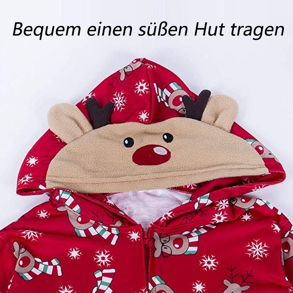 Juoungle Schlafanzug Nachtwäsche Reißverschluss, Weihnachts-Einteiler, Rot Kapuzenpullover