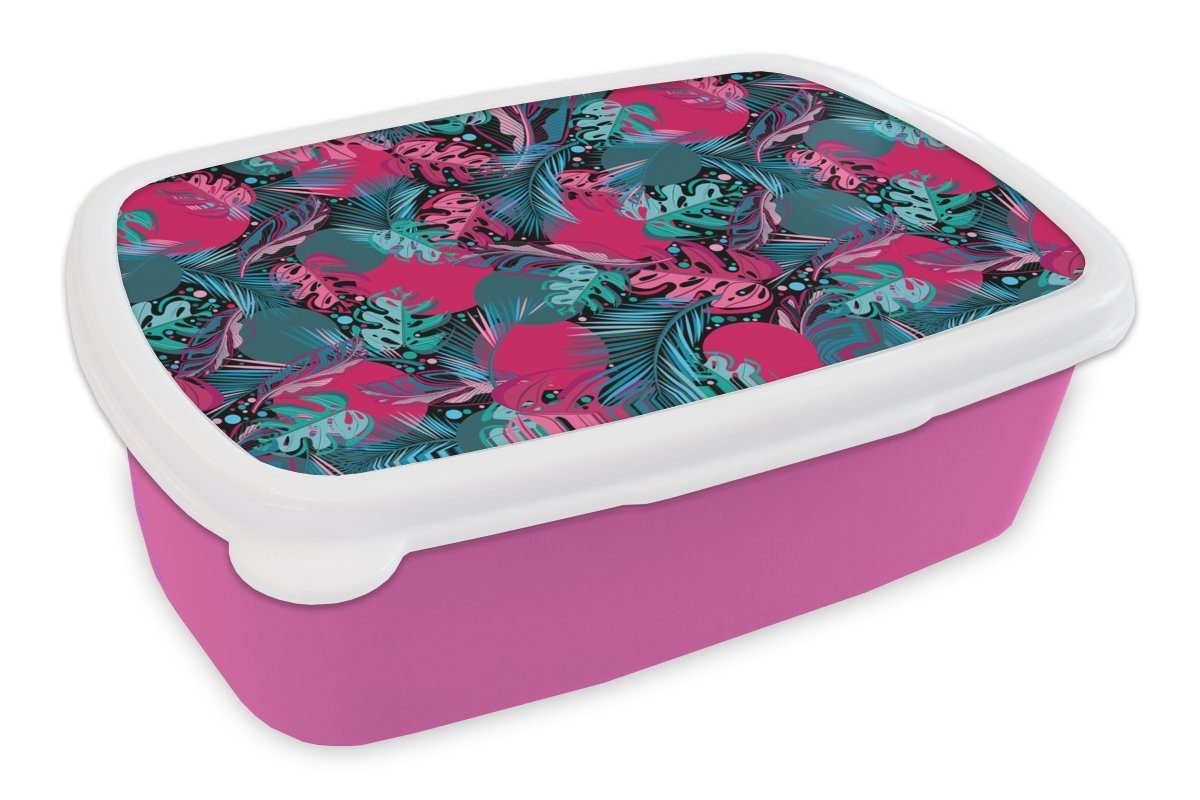 MuchoWow Lunchbox Blätter - Hawaii - Design - Rosa - Blau, Kunststoff, (2-tlg), Brotbox für Erwachsene, Brotdose Kinder, Snackbox, Mädchen, Kunststoff