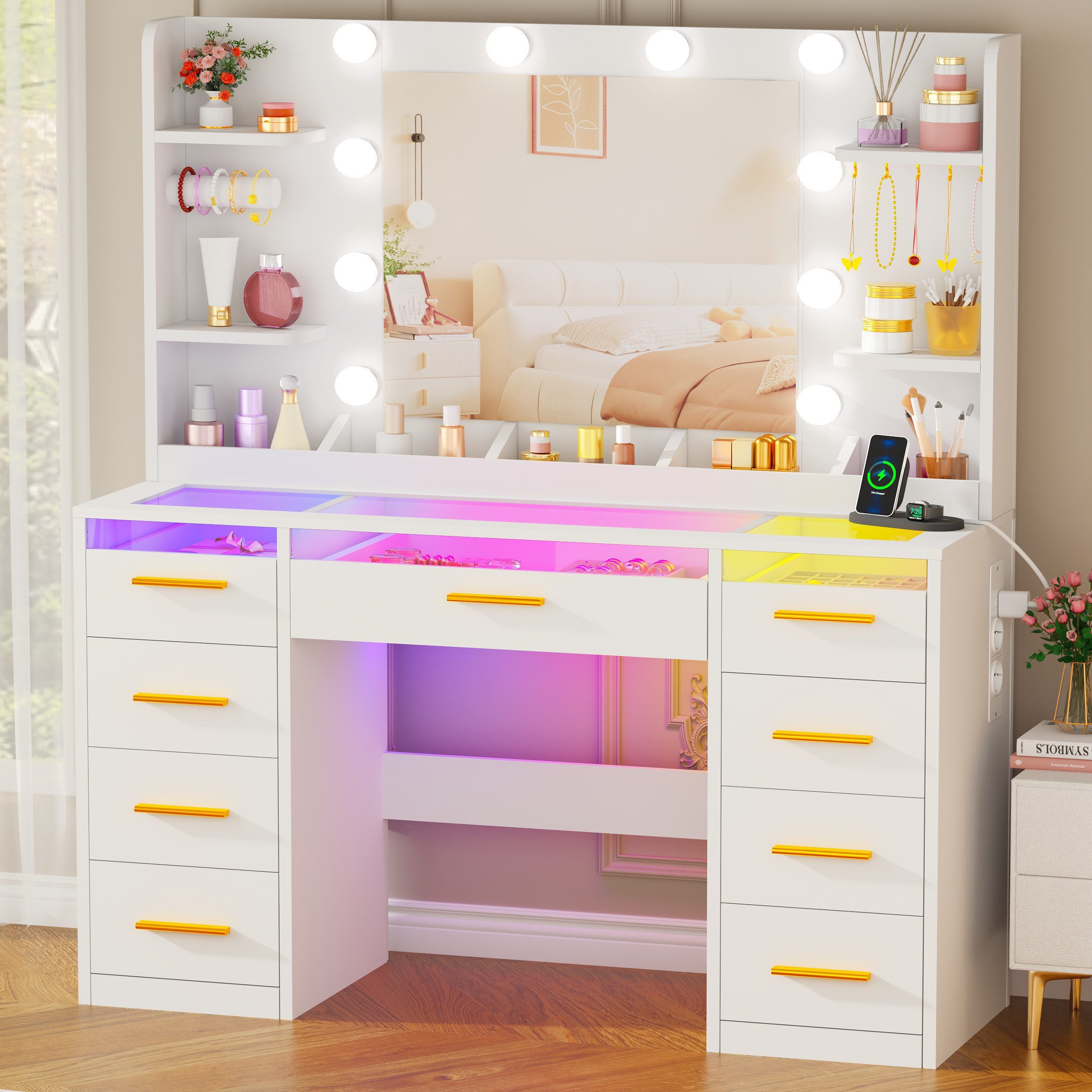 BEWISHOME Schminktisch mit Spiegel und LED-Beleuchtung, Glastischplatte und 9 Schubladen (1-St), integrierte Steckdose & USB, modern für Schlafzimmer