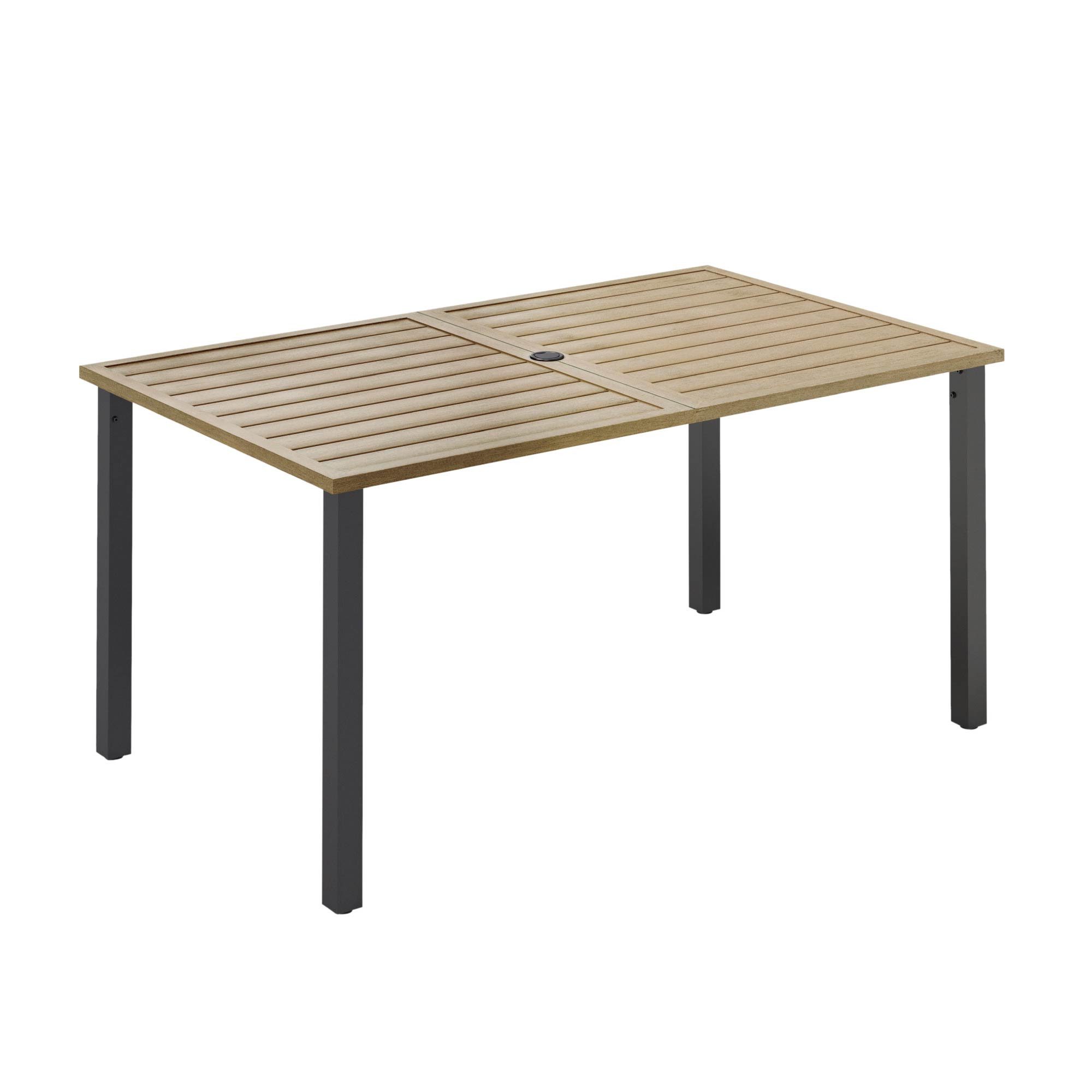 PHI VILLA Gartentisch (4cm Schirmloch für Terrasse Bistro Garten, Holzähnlicher Metall Tischplatte), mit Schirmloch Terrassentisch Gartentische Wetterfester