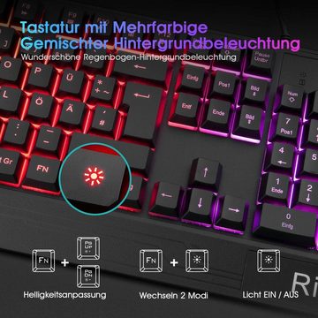 Rii Gaming Tastatur Maus Set RGB Hintergrundbeleuchtung QWERTZ DE-Layout Tastatur- und Maus-Set, Gaming Tastatur und Maus Set, Maus und Tastatur