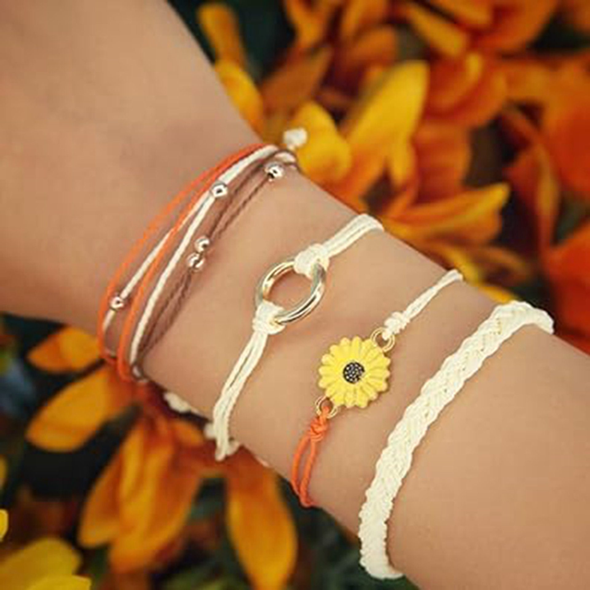 WaKuKa Armband Stil2 Sonnenblumen-Seilarmbänder, glänzende Set handgewebtes 4 Seil (4-tlg)