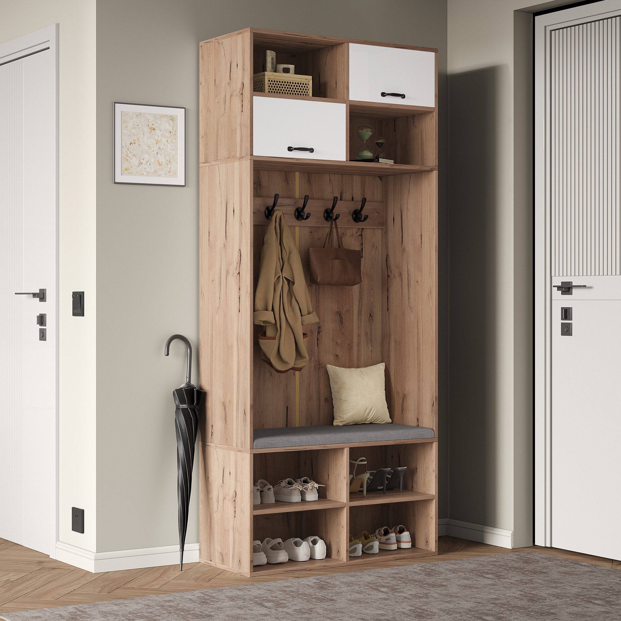 Flieks Garderoben-Set mit LED-Beleuchtung, Kleiderhaken, Schuhschrank und Sitzbank, (Holzoptik, 1-St., 80×185×35 cm (B×H×T), Garderobenständer mit Schuhregal, S – Bild 4 von 5