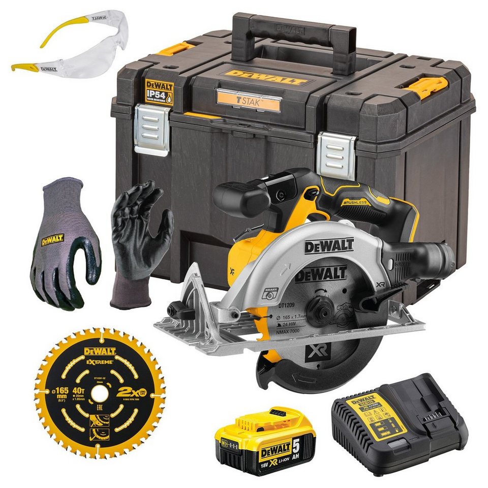 DeWalt Akku-Handkreissäge Set DCS565NT-XJ 18V inkl. DCB115  Schnellladegerät, 1x DCB184 18V5Ah Akku, Handschuhe, Schutzbrille,  DT10301-QZ Kreissaegeblatt 165/20mm 40WZ