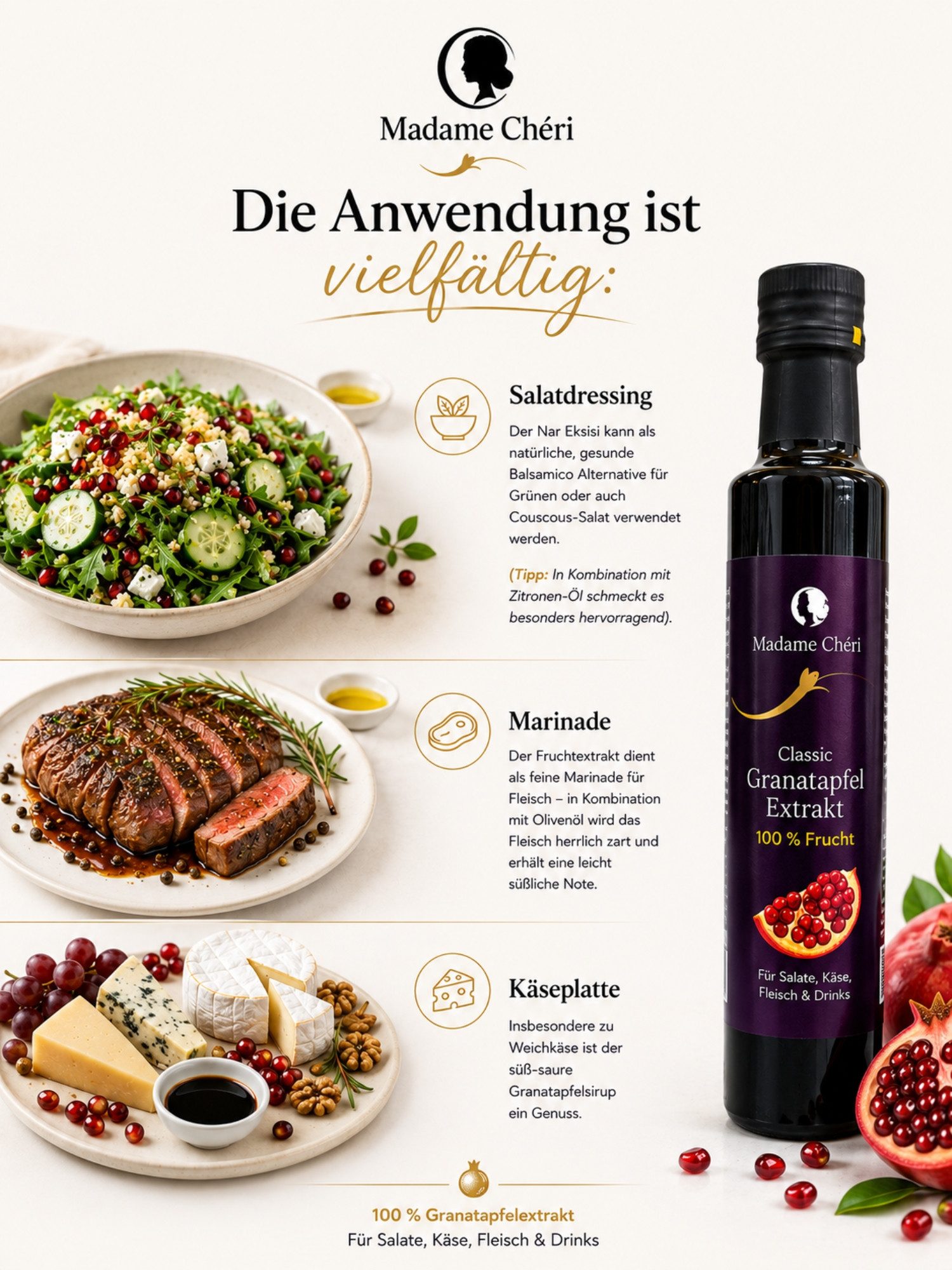 Madame Chéri Sirup Premium Granatapfelextrakt 100% Frucht, 330 g, 100 % Granatapfelextrakt, ohne Zusatzstoffe, vielseitig verwendbar