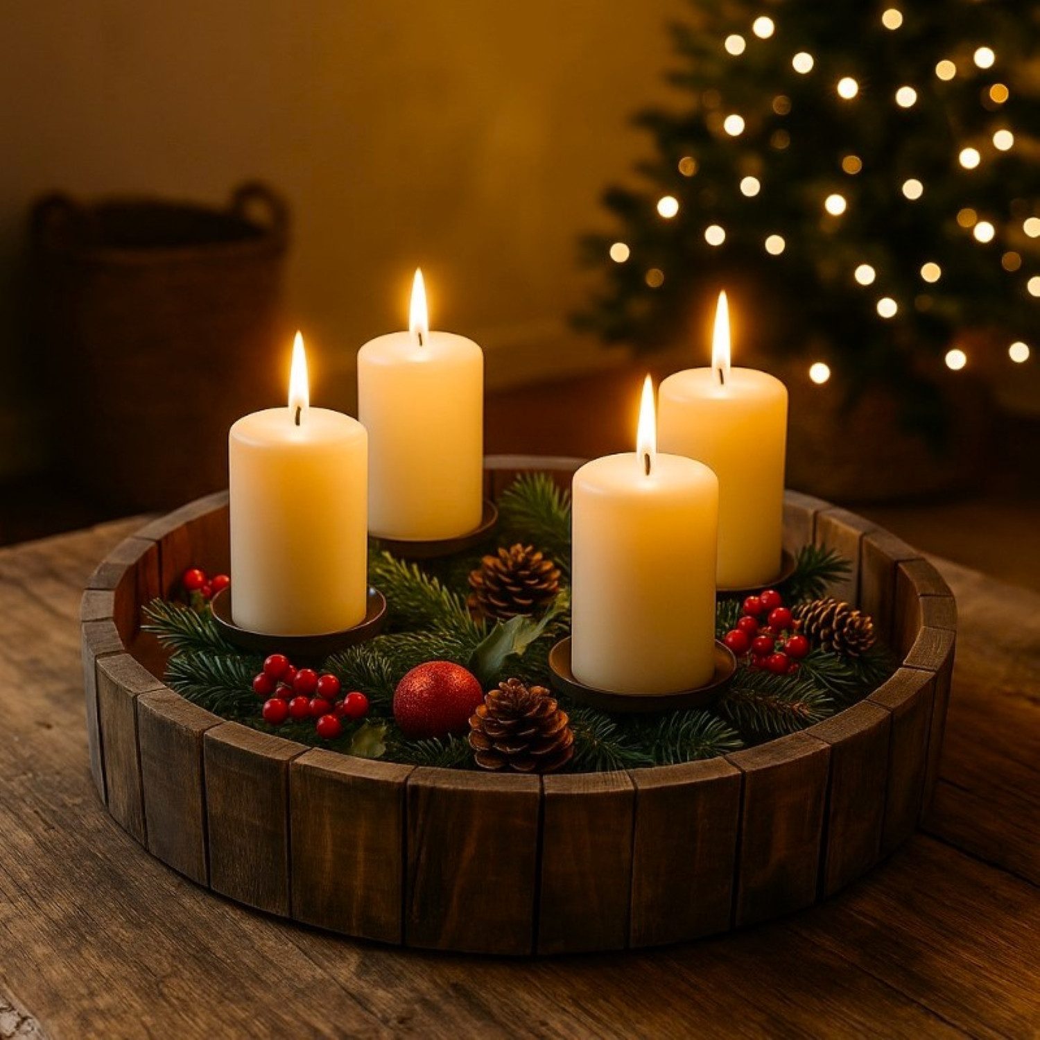 Online-Fuchs Adventskranz rund aus Holz mit schwarzen Kerzenständern aus Metall - Weihnachtsdeko, natürliche Optik - geeignet für Stumpenkerzen bis 8 cm Ø