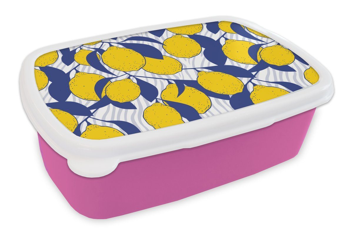 MuchoWow Lunchbox Zitrone - Zebra - Obst - Muster, Kunststoff, (2-tlg), Brotbox für Erwachsene, Brotdose Kinder, Snackbox, Mädchen, Kunststoff rosa