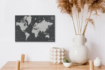 OneMillionCanvasses® Leinwandbild Weltkarte - Schwarz - Weiß - Welt, (1 St), Wandbild Leinwandbilder, Aufhängefertig, Wanddeko, 30x20 cm