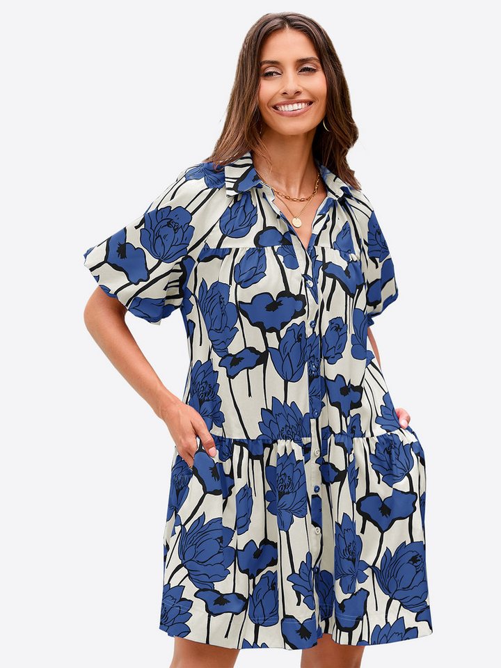 Imily Bela Minikleid Damen Hemdblusenkleid mit Knopfleiste (Packung, 1-tlg., 1per-Pack) mit Puffärmel