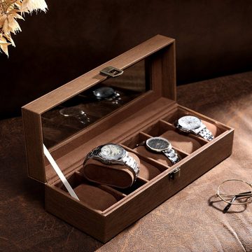 SONGMICS Uhrenbox Uhrenkasten, mit 6 Fächern, Glasdeckel, als Geschenk, Kunstleder, mit Uhrenkissen