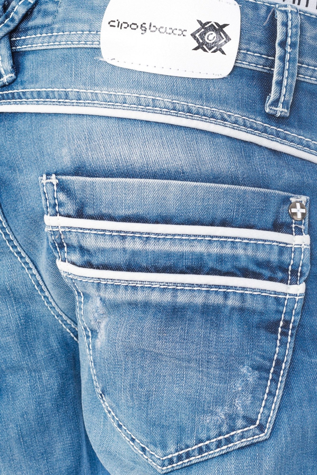 Cipo & Baxx Regular-fit-Jeans Herren Jeans Hose mit weißen Applikationen Jeans mit weißen Applikationen – Bild 4 von 5