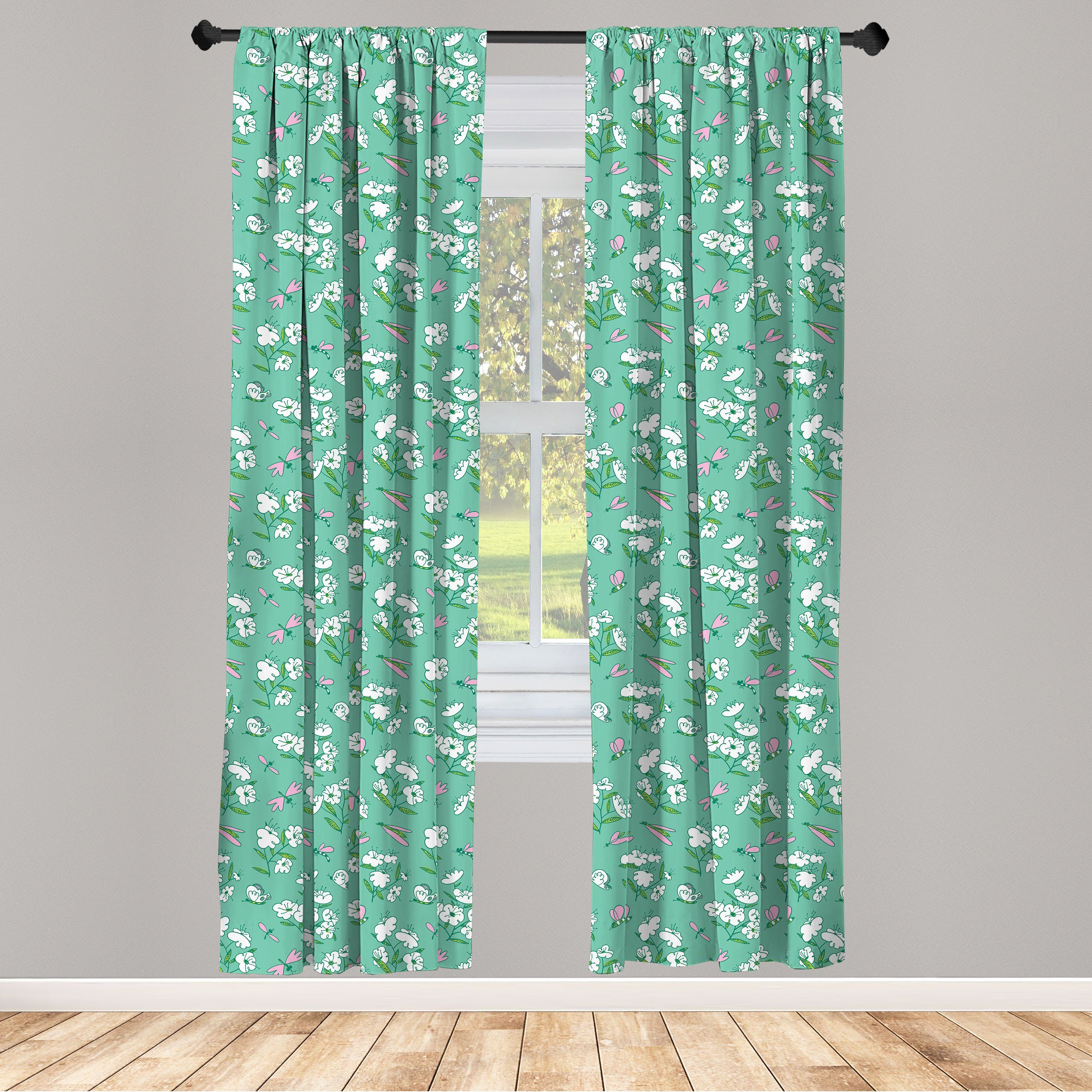 Gardine Vorhang für Wohnzimmer Schlafzimmer Dekor, Abakuhaus, Microfaser, Gekritzel Blooming Pflanzen Schmetterlinge