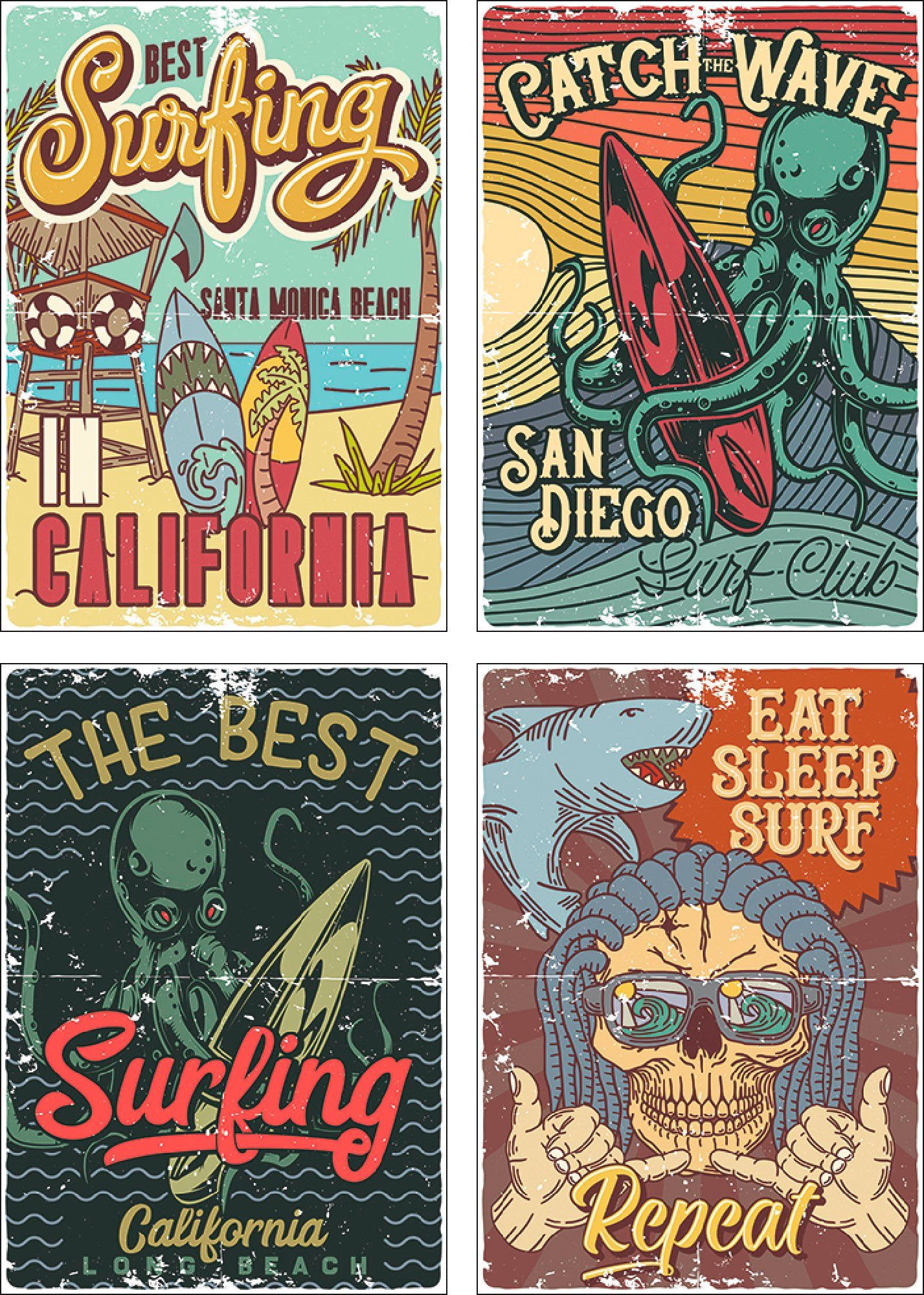 Surfen St), (4 Poster, & Kalifornien, Artland Texte Bild, Poster Sprüche Wandposter Wandbild, in