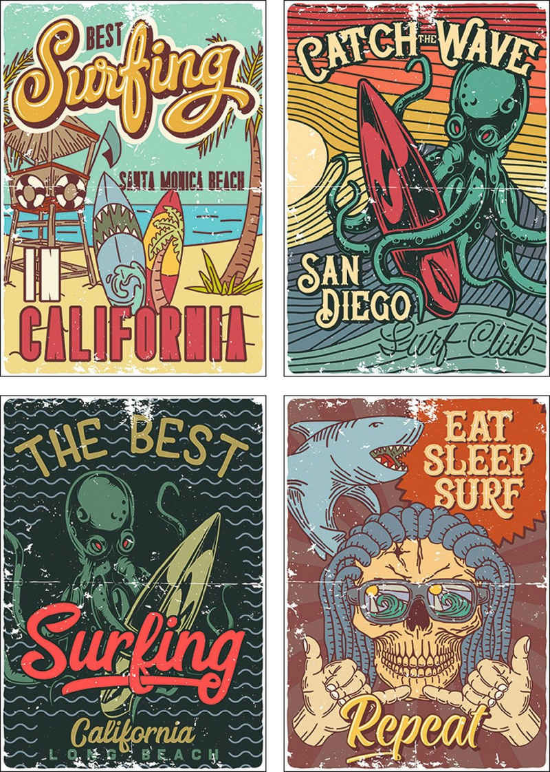Artland Poster Surfen in Kalifornien, Sprüche & Texte (4 St), Poster, Wandbild, Bild, Wandposter