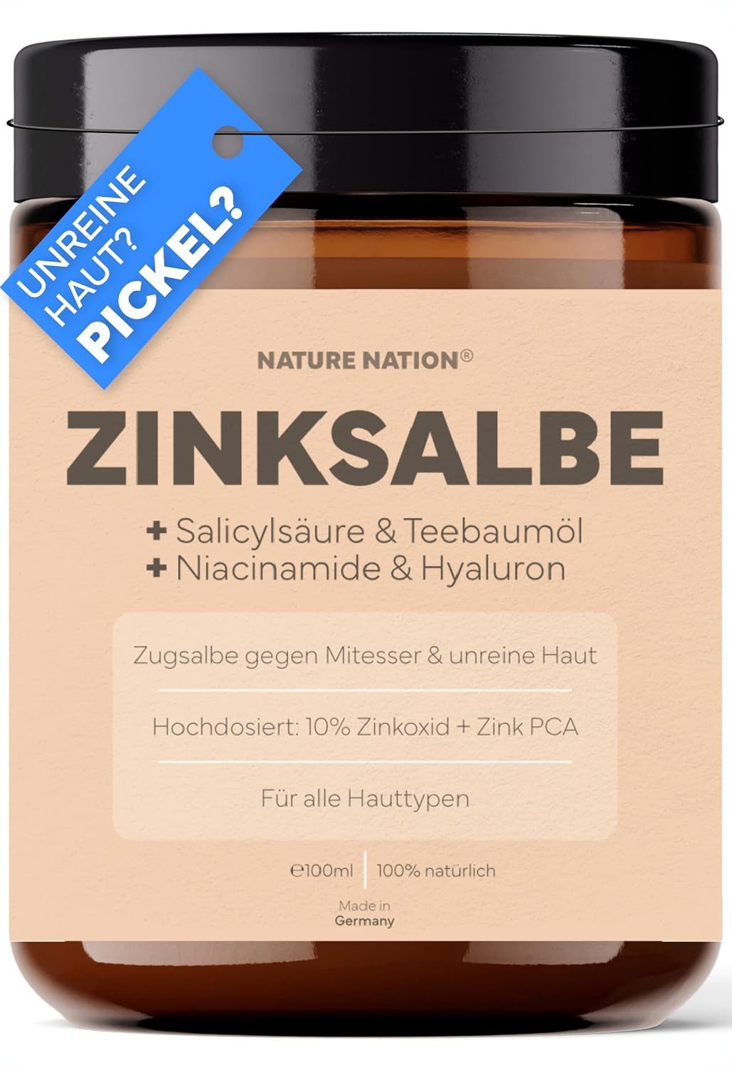 NATURE NATION Hautcreme Zinksalbe gegen Pickel: 10% Zinkoxid, Zink PCA, Salicylsäure, Teebaum, 1-tlg., Nicht-komedogene SOS-Pflege für Pickel & unreine Haut