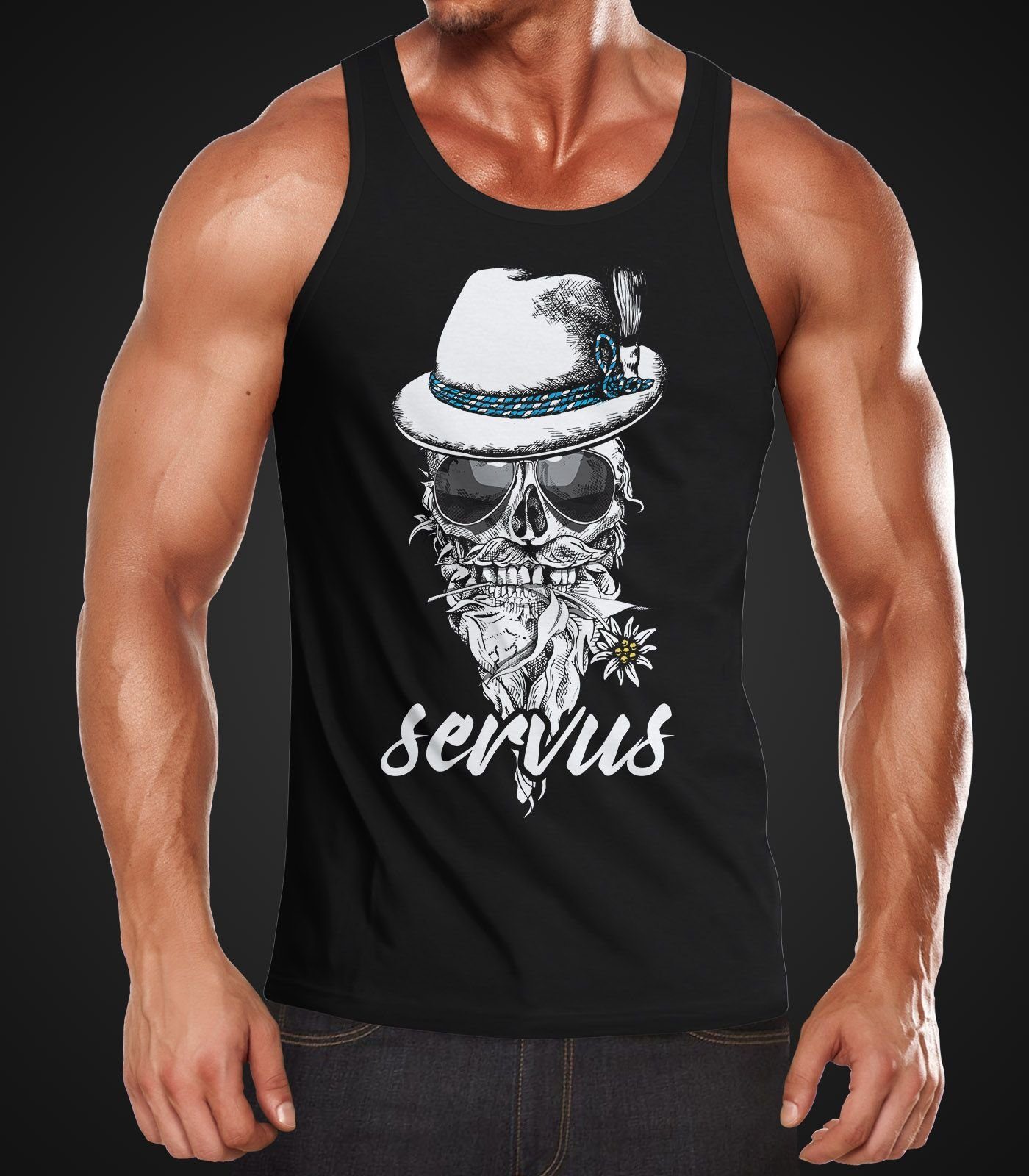 MoonWorks Tanktop Herren Tanktop Totenkopf Filzhut Bayern Skull Blume servus Fun-Shirt Moonworks® mit Print
