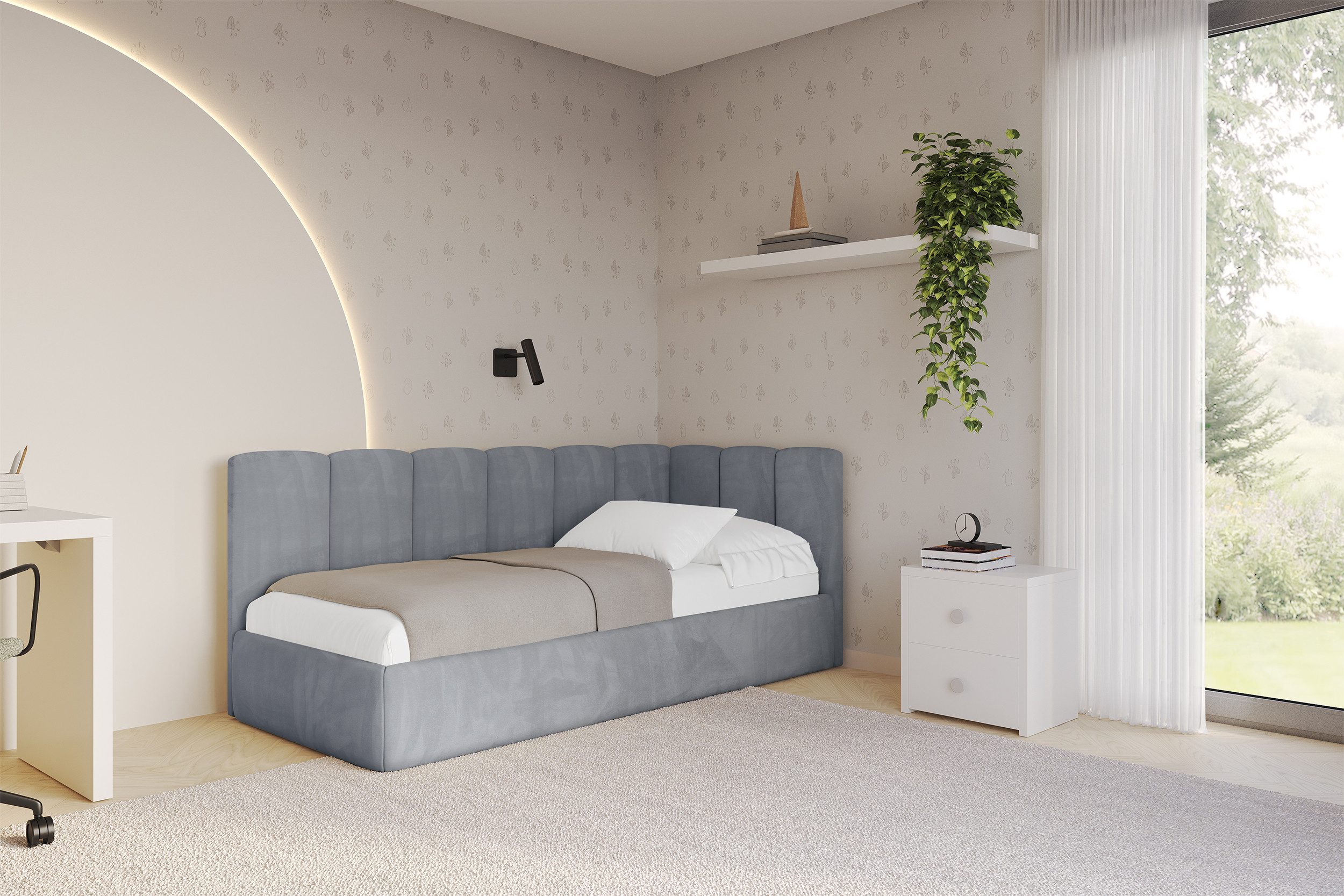 ALTDECOR Jugendbett DEXY (Jugendbett mit Bettkasten und Lattenrost, Polsterbett ohne Matratze), Einzelbett mit Stauraum, Bett mit Kopfteil