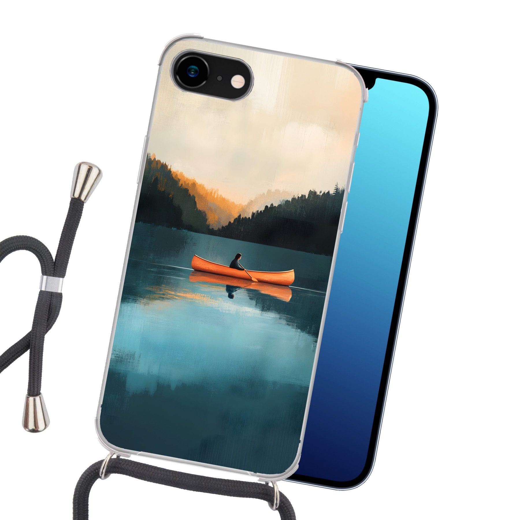 MuchoWow Handyhülle für Apple iPhone 7 Wälder - See - Kanu - Orange, Tragbare Handyhüllen mit Kette zum umhängen, Handykette Handyband