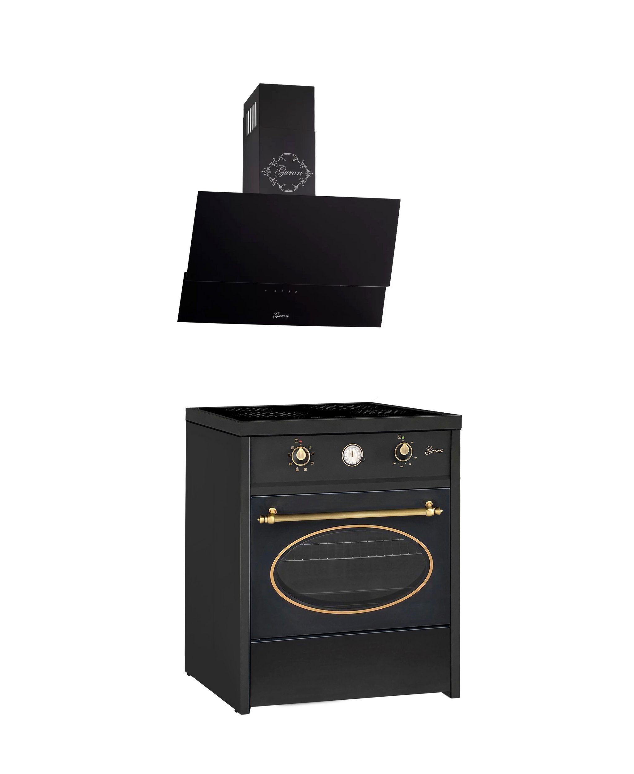 GURARI Induktions Herd-Set Retro Induktions Standherd 60 cm,60 L, Schwarz, Range Coocker +Dunstabzugshaube 60 cm GCH E 612 BL r+GCH 268 BL 6 Prime N.., mit 1-fach-Teleskopauszug