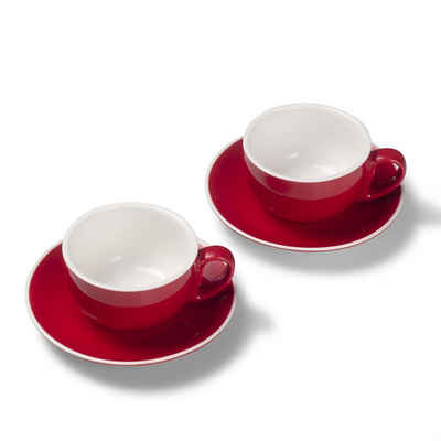 Terra Home Tasse 2er Milchkaffeetassen-Set, Rot glossy 350 ml mit Untertasse, Porzellan, spülmaschinenfest,extra dickwandig