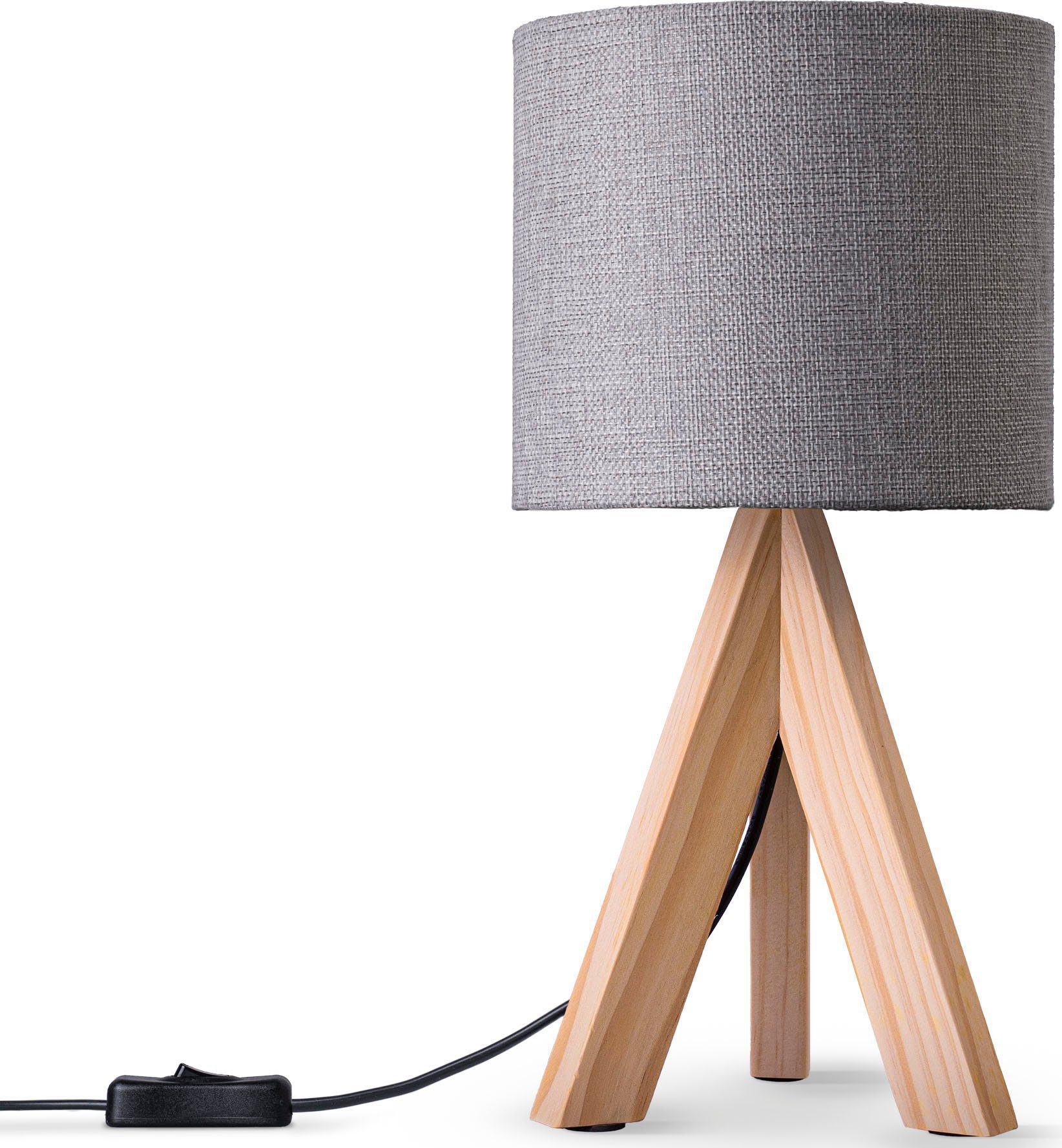 Paco Home Tischleuchte BAJO CANVAS UNI COLOR, ohne Leuchtmittel, Dreibein massiv Holz, Textilschirm uni Leinen, Ø 17 cm, H. 35 cm natur grau | Tischlampen