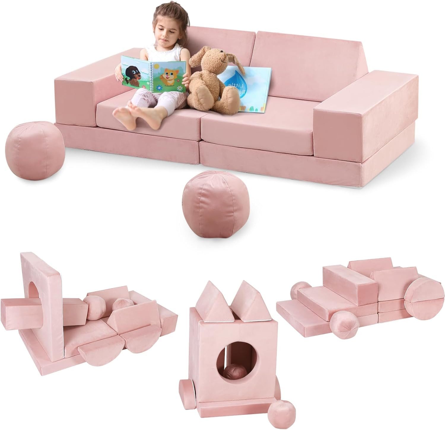 GarveeMore Kindersofa 12-teiliges,modulares Spielsofa für Kinder Förderung Kreativität, Ecksofa für Schlafzimmer- und Spielzimmermöbel zum Schlafen und Lesen