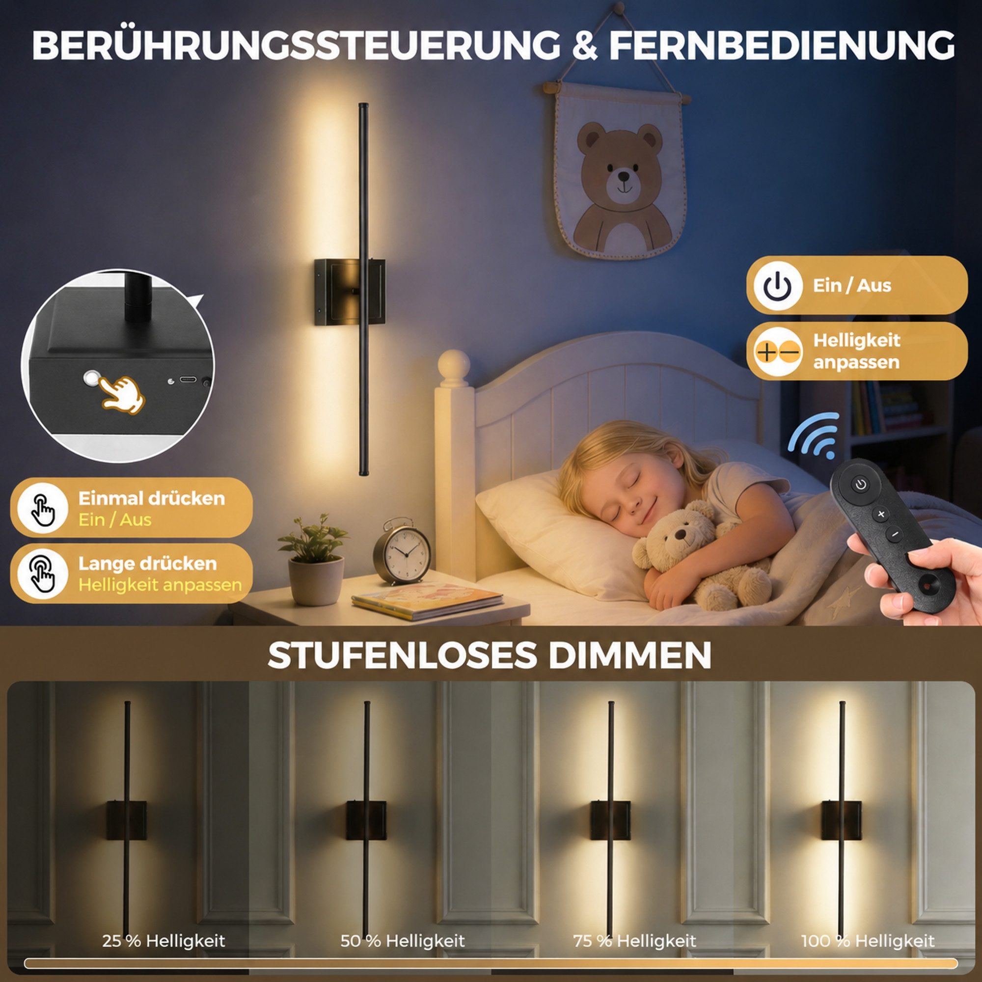 LOHAS-LED LED Wandleuchte Metall-Streifen-Stimmungslicht mit linearem Akku-Betrieb, dimmbar, LED fest integriert, Warmweiß, 2er-Set kabellose LED-Wandlampe mit  – Bild 5 von 5