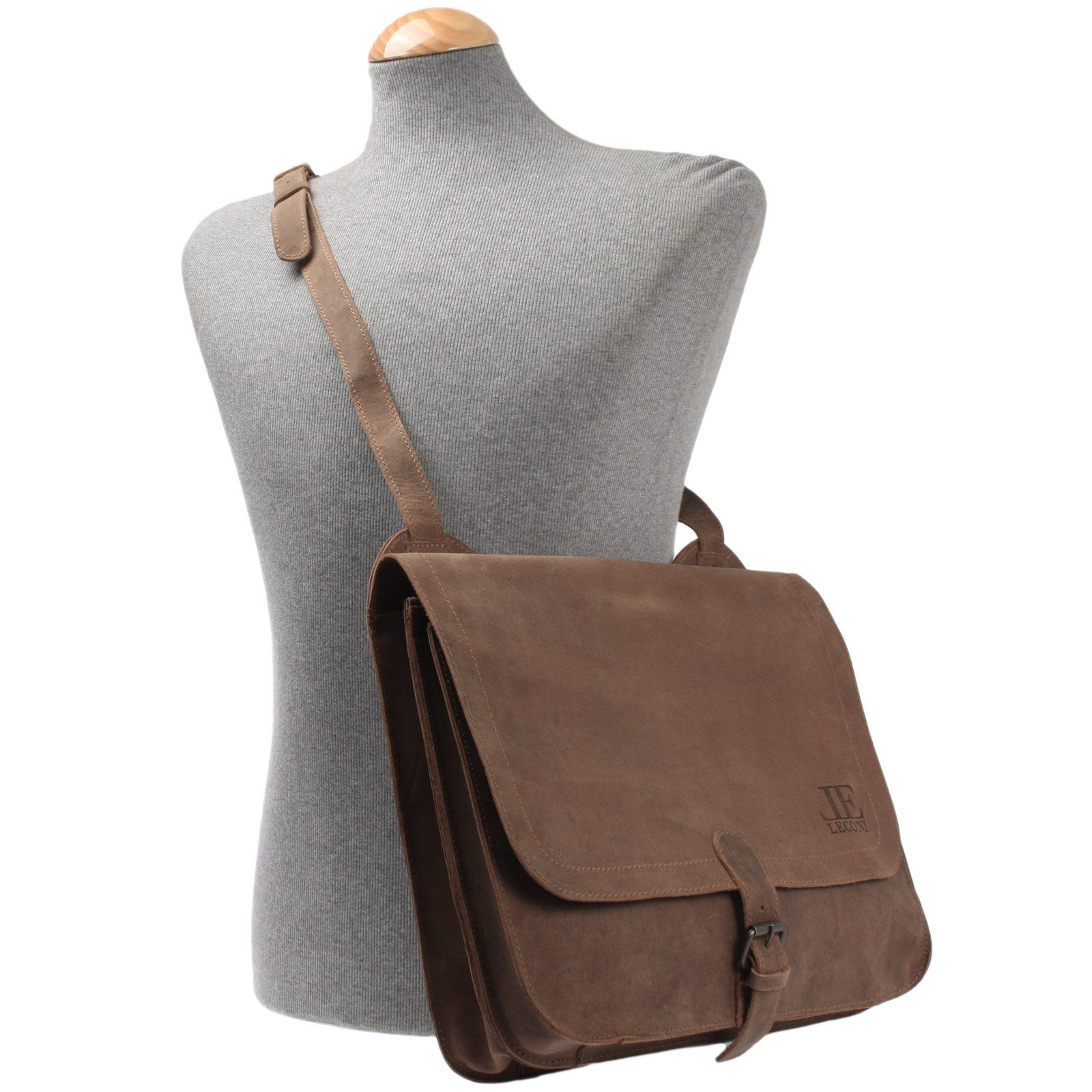 LECONI Aktentasche Messenger Bag Arbeitstasche DIN A4 Damen Herren Echt Leder LE3020, Überschlag mit Schnalle – verstellbarer Schulterriemen – 36×29×8 cm