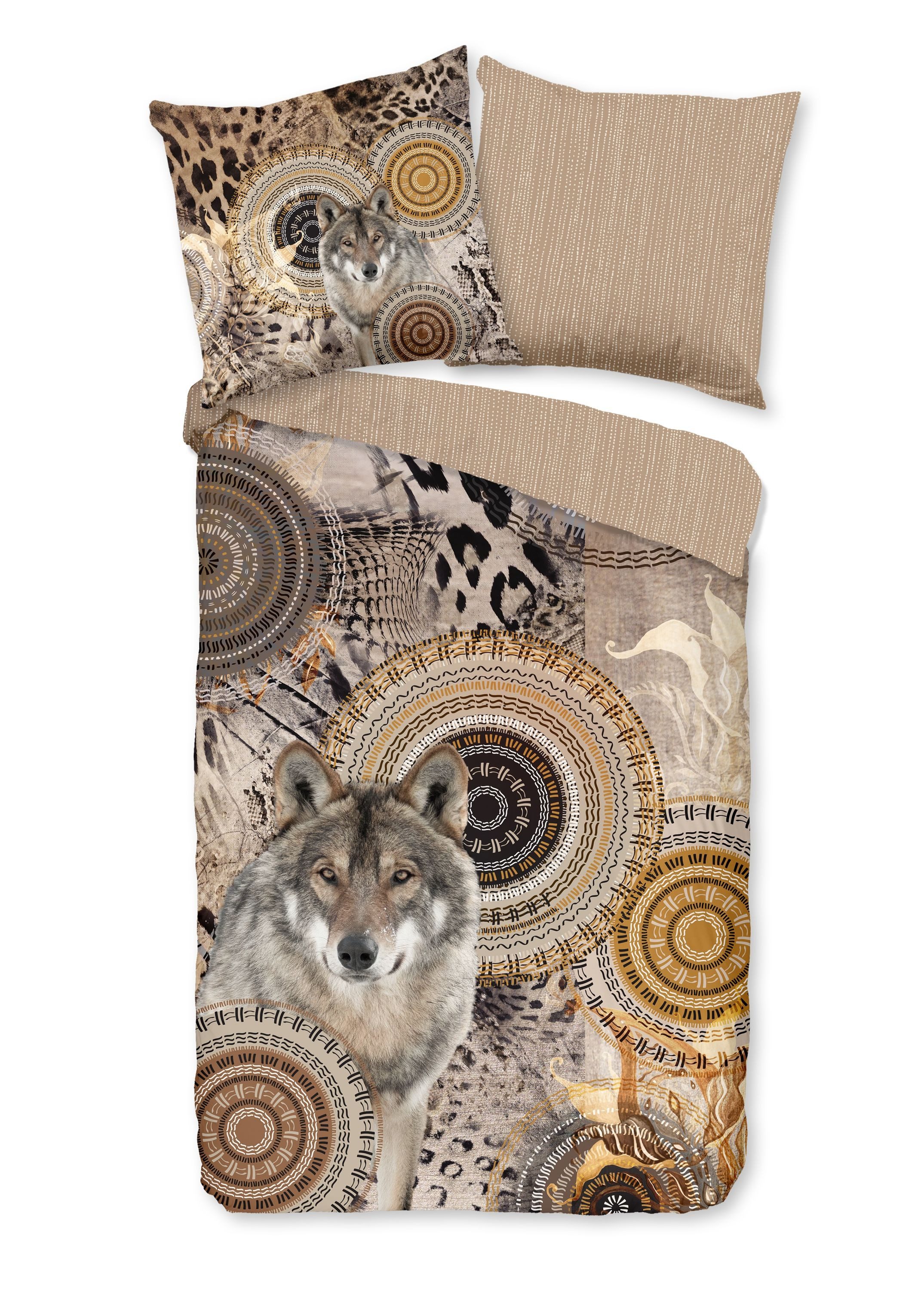 Traumschloss Bettwäsche Comfort Baumwolle, Flanell, 2 teilig, beige Mandalas mit Wolf