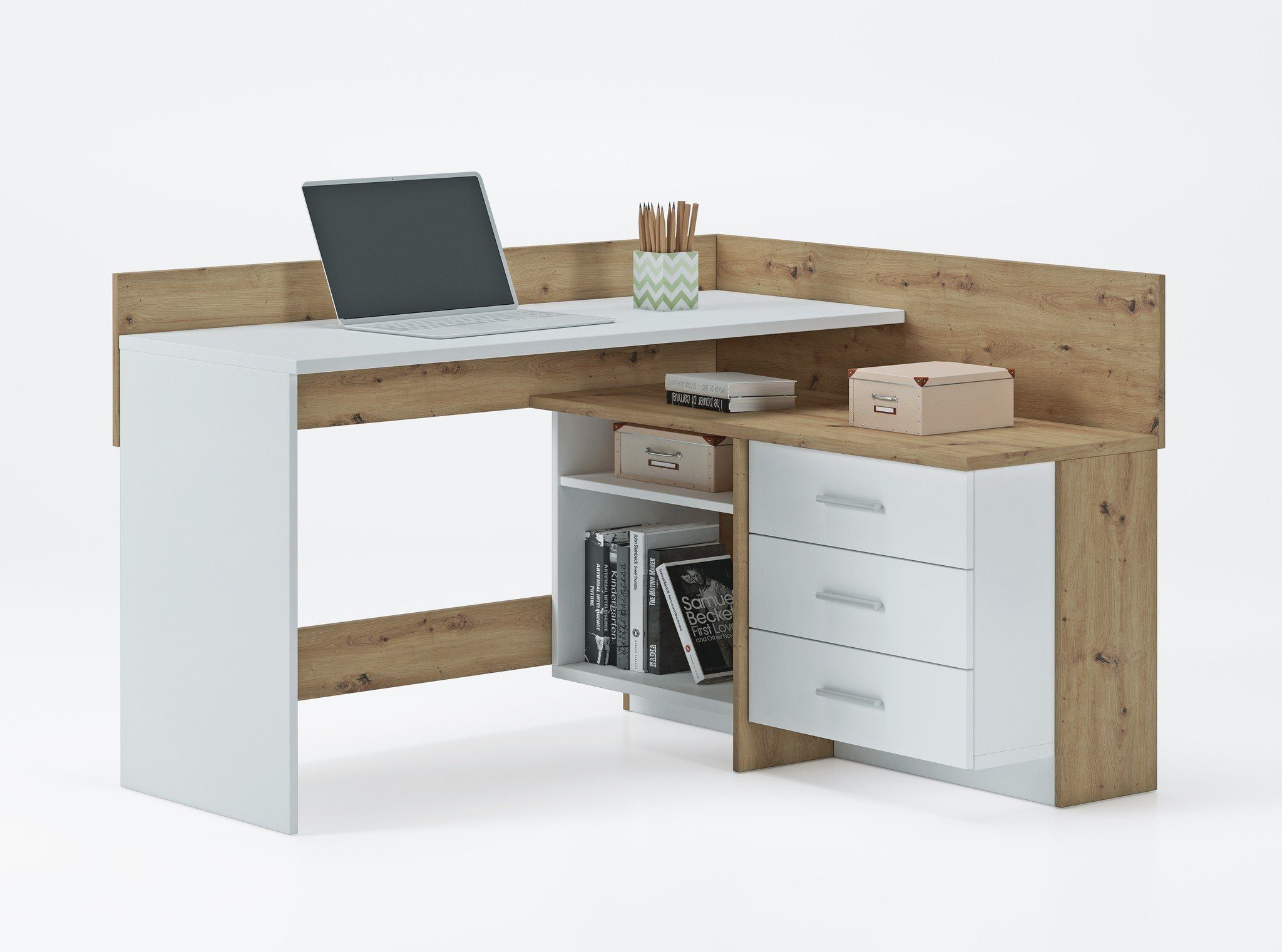 Domando Schreibtisch Schreibtisch Maiori in Artisan Eiche und Weiß Matt, Breite 130cm, zwei Arbeitsflächen in Kontrastfarben