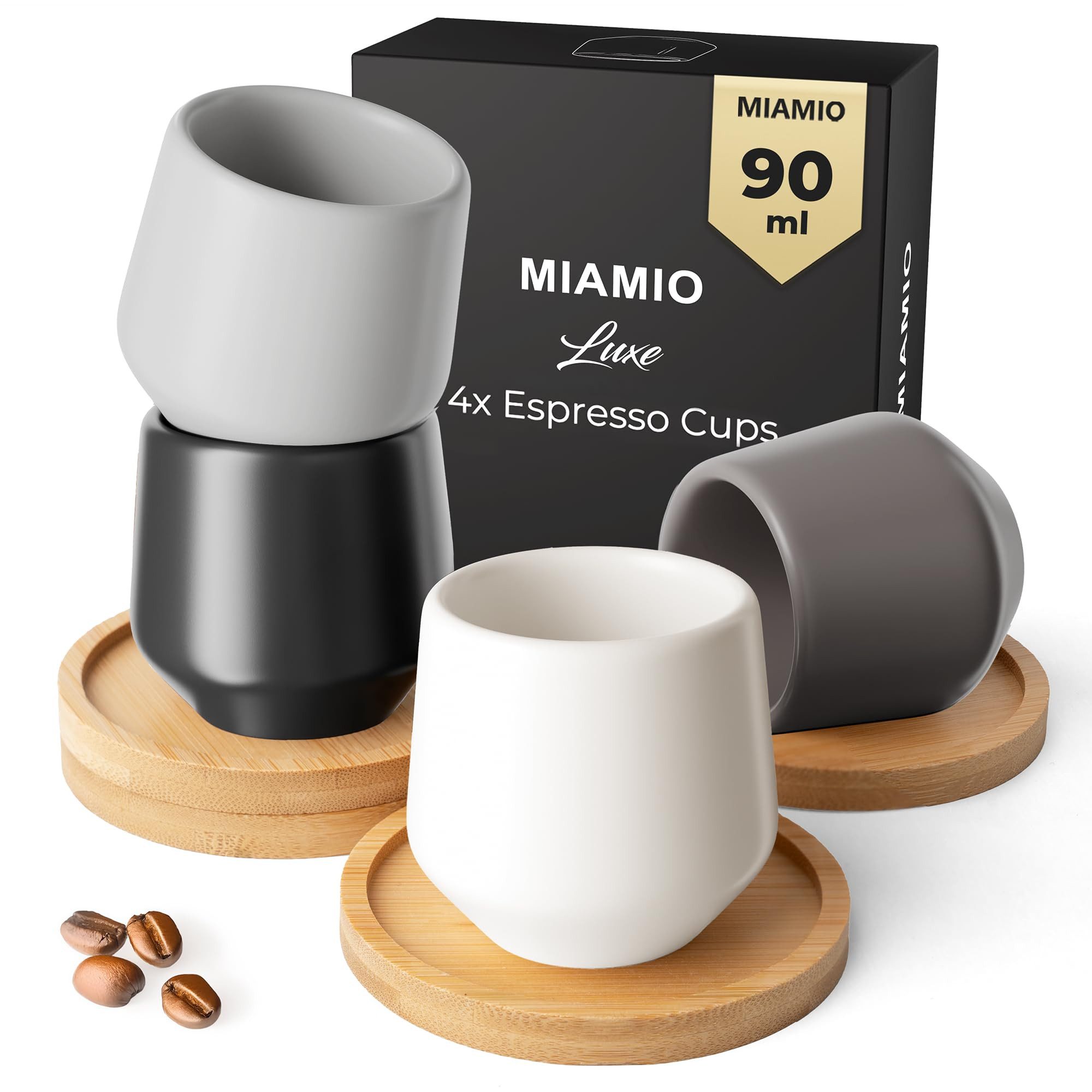 MiaMio Espressotasse Luxe ohne Henkel mit Holz-Untersetzern, 90 ml, Classic Pastel Grau, 4-tlg., Keramik, mit Holz-Untersetzern, Ristretto & Doppio