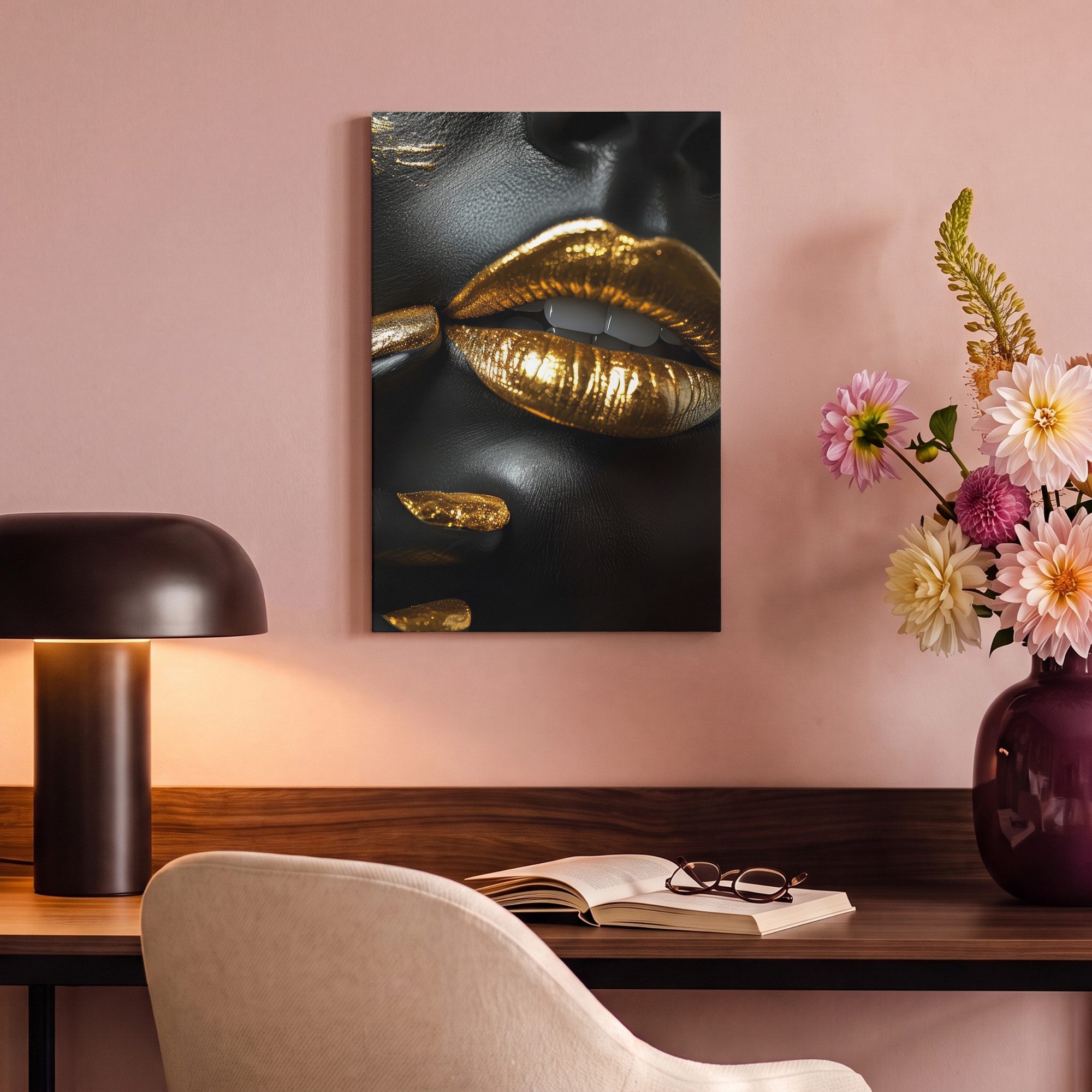 OneMillionCanvasses® Leinwandbild Lippen - Gold - Abstrakt - Schwarz - Frau, Fotodruck (1 St), Leinwand Canvas Wandbild, Wanddekoration 20x30 cm – Bild 4 von 5