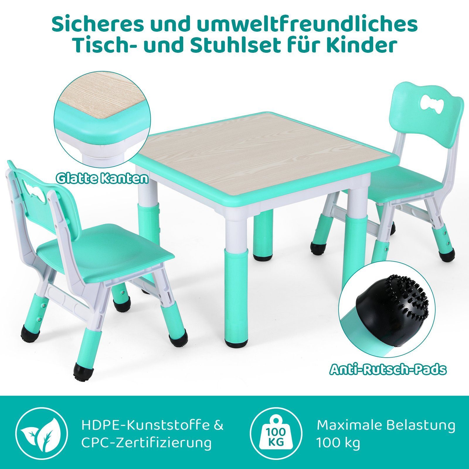 TLGREEN Kindersitzgruppe Kindertisch mit 4 Stühlen, (3-tlg), Kindermöbel, Quadratischen Tisch Höhenverstellbar Plastik – Bild 4 von 5