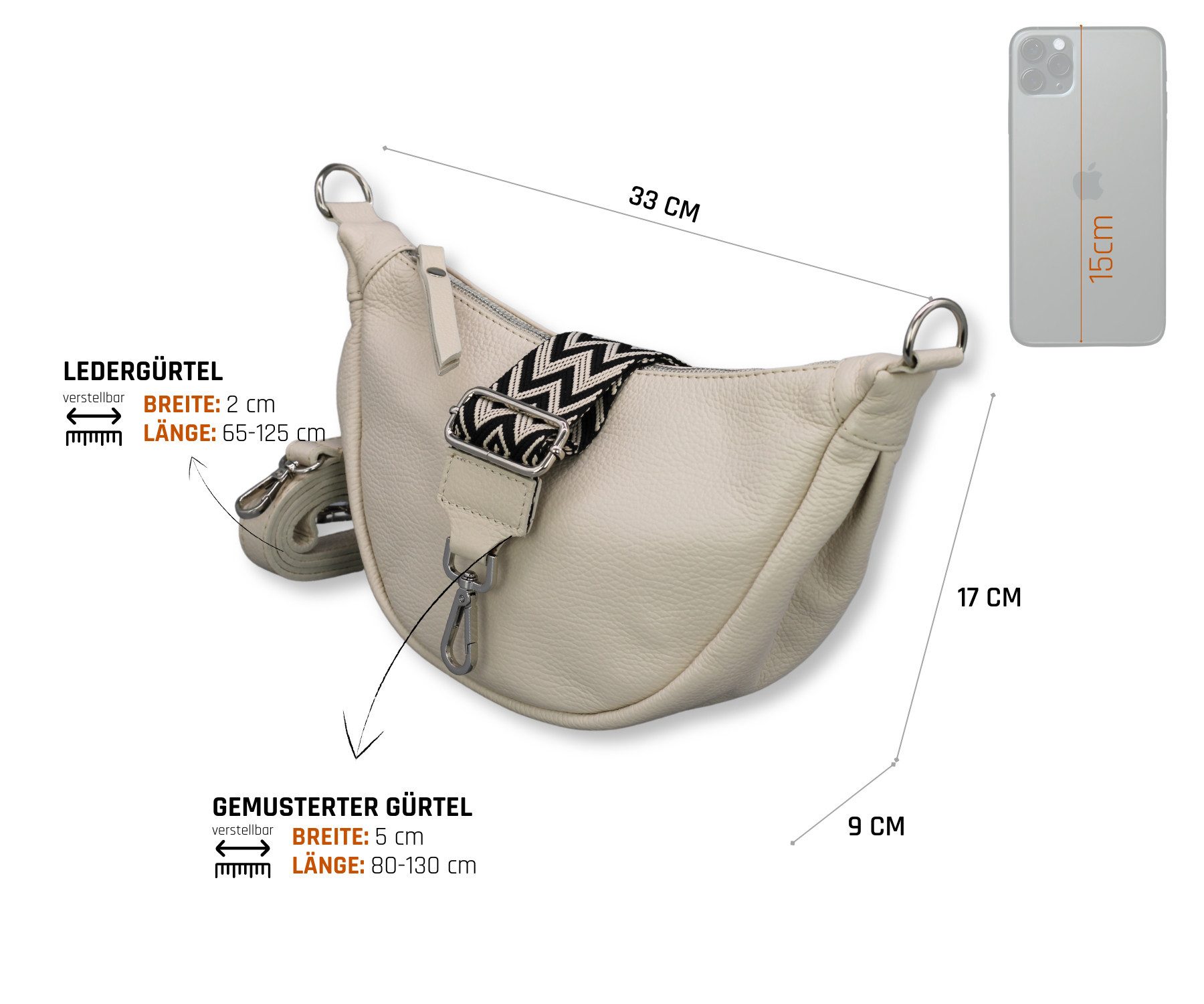 Adel Bags Schultertasche DIANA Halbmond Tasche Leder, Umhängetasche für Damen, Gürteltaschen, echt Leder, Made in Italy