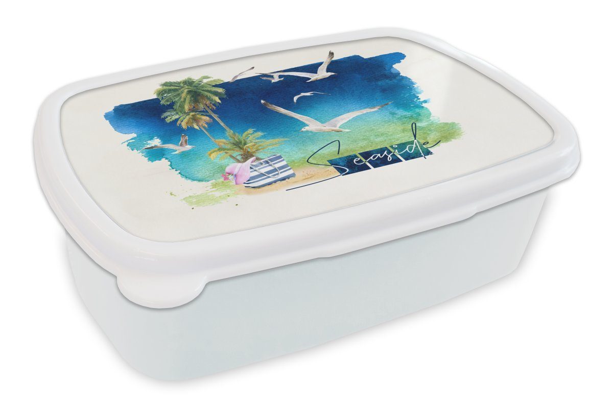 MuchoWow Lunchbox Vogel - Palme weiß und Kinder Himmel Strand, - Brotdose, Mädchen für Kunststoff, - Jungs für Brotbox (2-tlg), Erwachsene, und