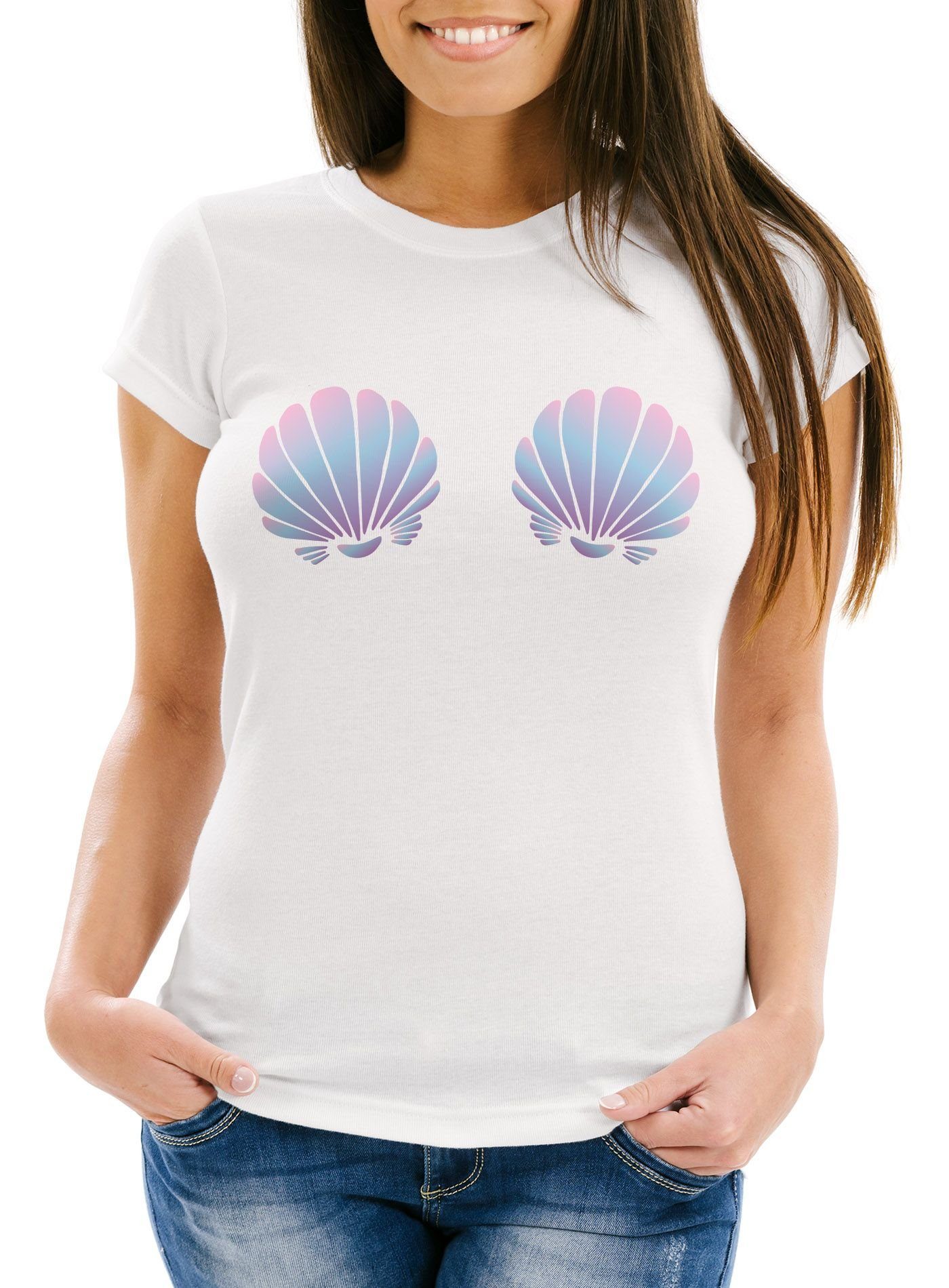 MoonWorks Print-Shirt Damen T-Shirt Meerjungfrau Muschel BH Fasching Karneval Mermaid Nixe Moonworks® mit Print